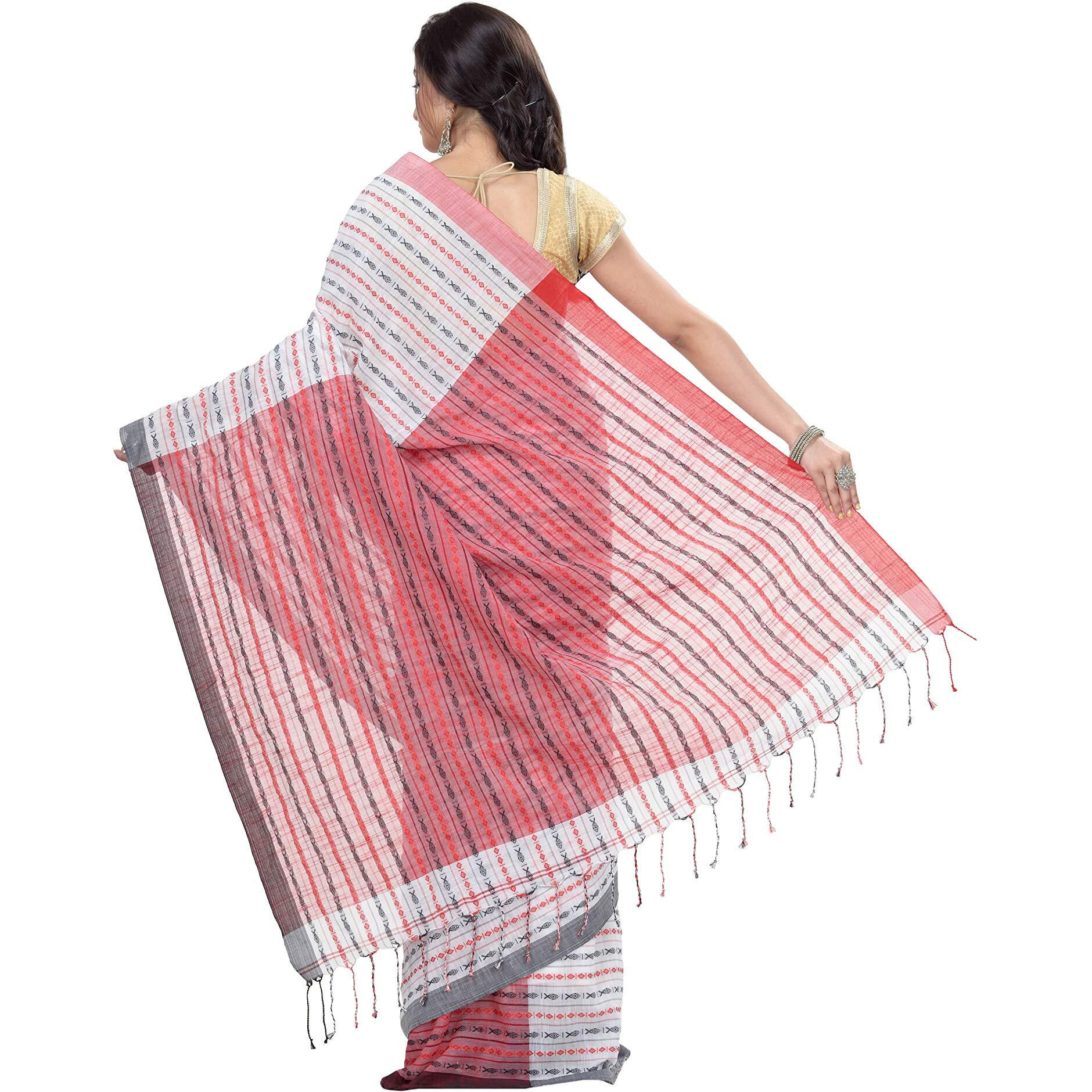 T.J. SAREES Khadi Cotton Fish Motive Sarees for Women Traditional Bengali Sarees for Women Authentic Handloom Sarees for Women, Elegant Indian Wear (White And Red, Pack Of 1)