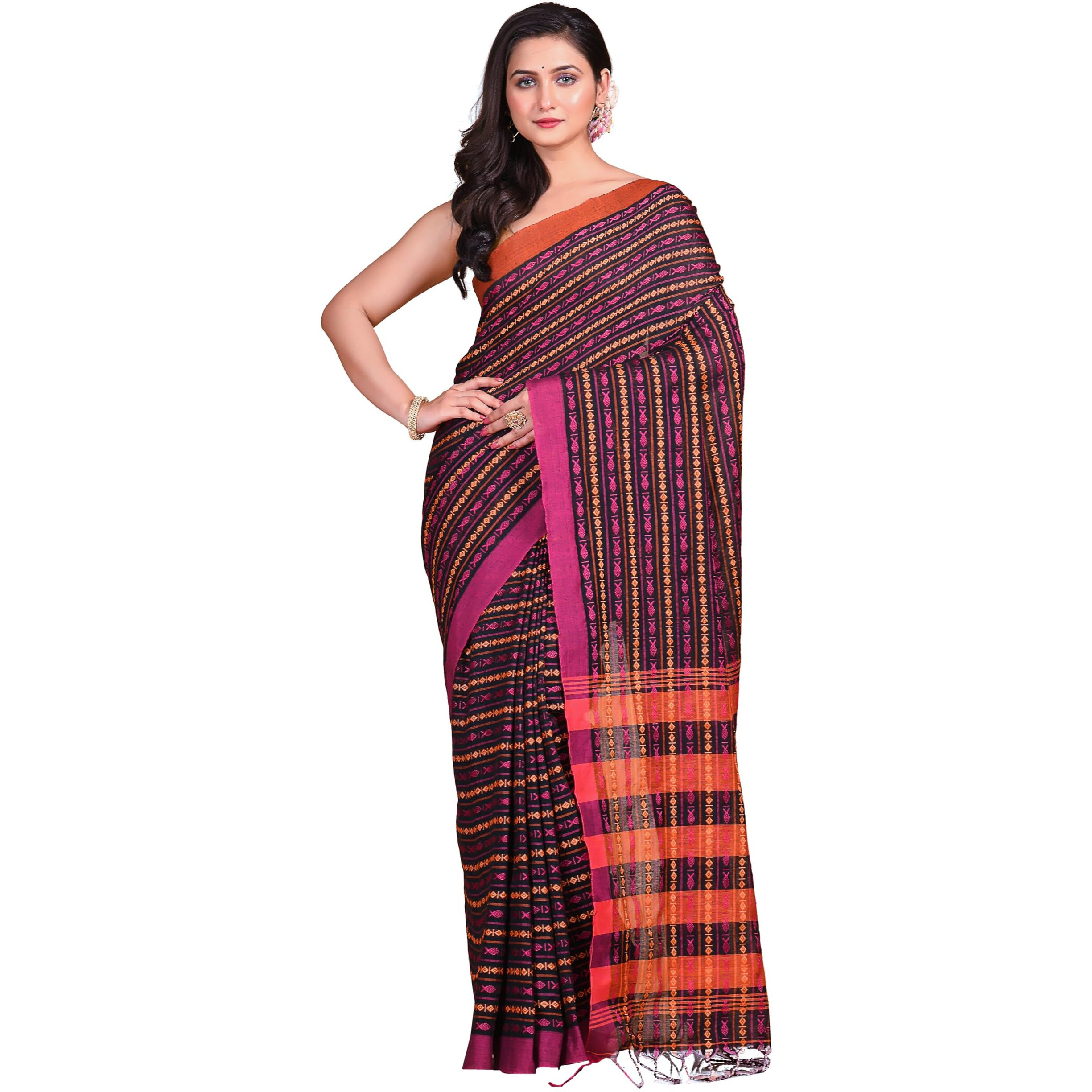 T.J. SAREES Khadi Cotton Fish Motive Sarees for Women Traditional Bengali Sarees for Women Authentic Handloom Sarees for Women, Elegant Indian Wear (Black, Pack Of 1)