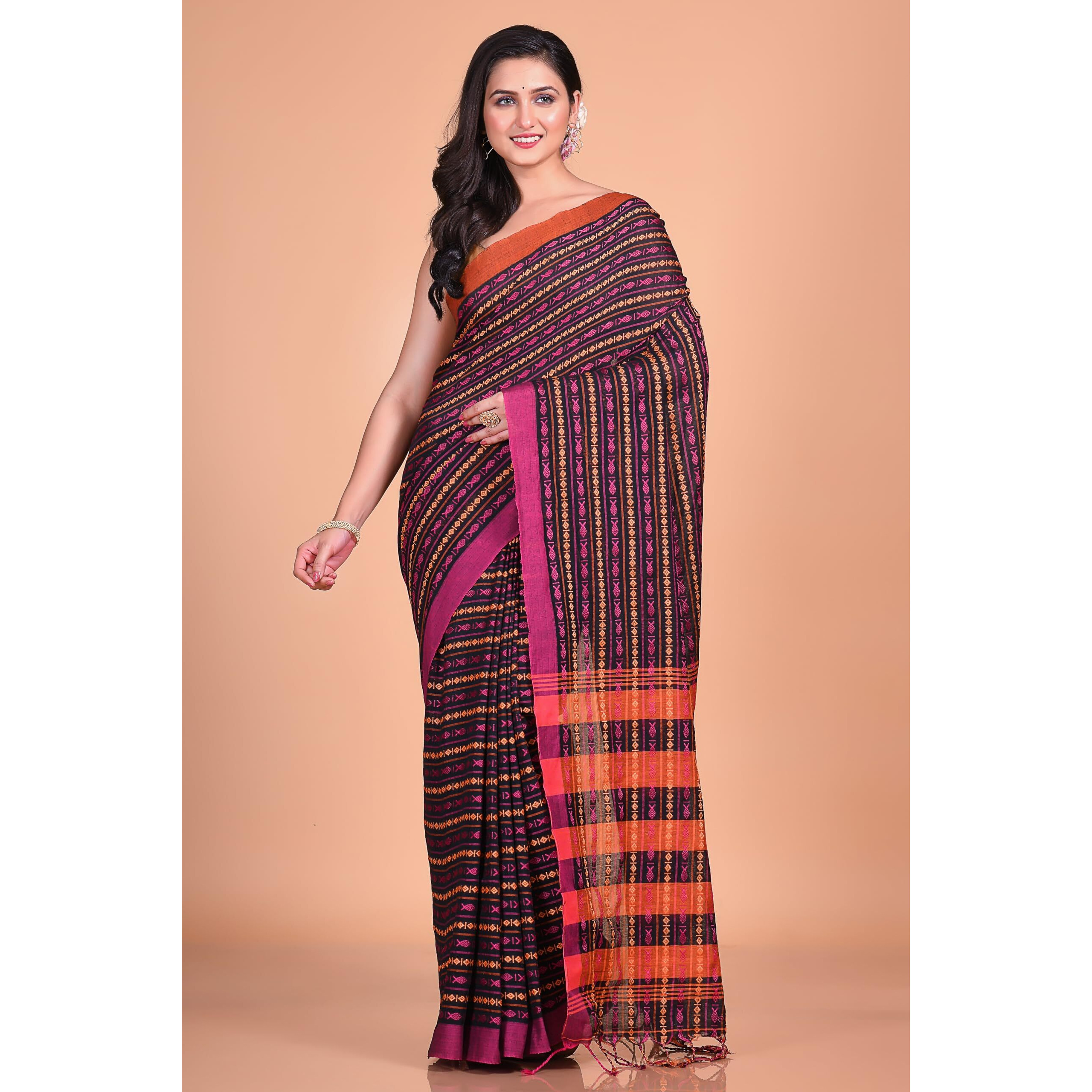 T.J. SAREES Khadi Cotton Fish Motive Sarees for Women Traditional Bengali Sarees for Women Authentic Handloom Sarees for Women, Elegant Indian Wear (Black, Pack Of 1)