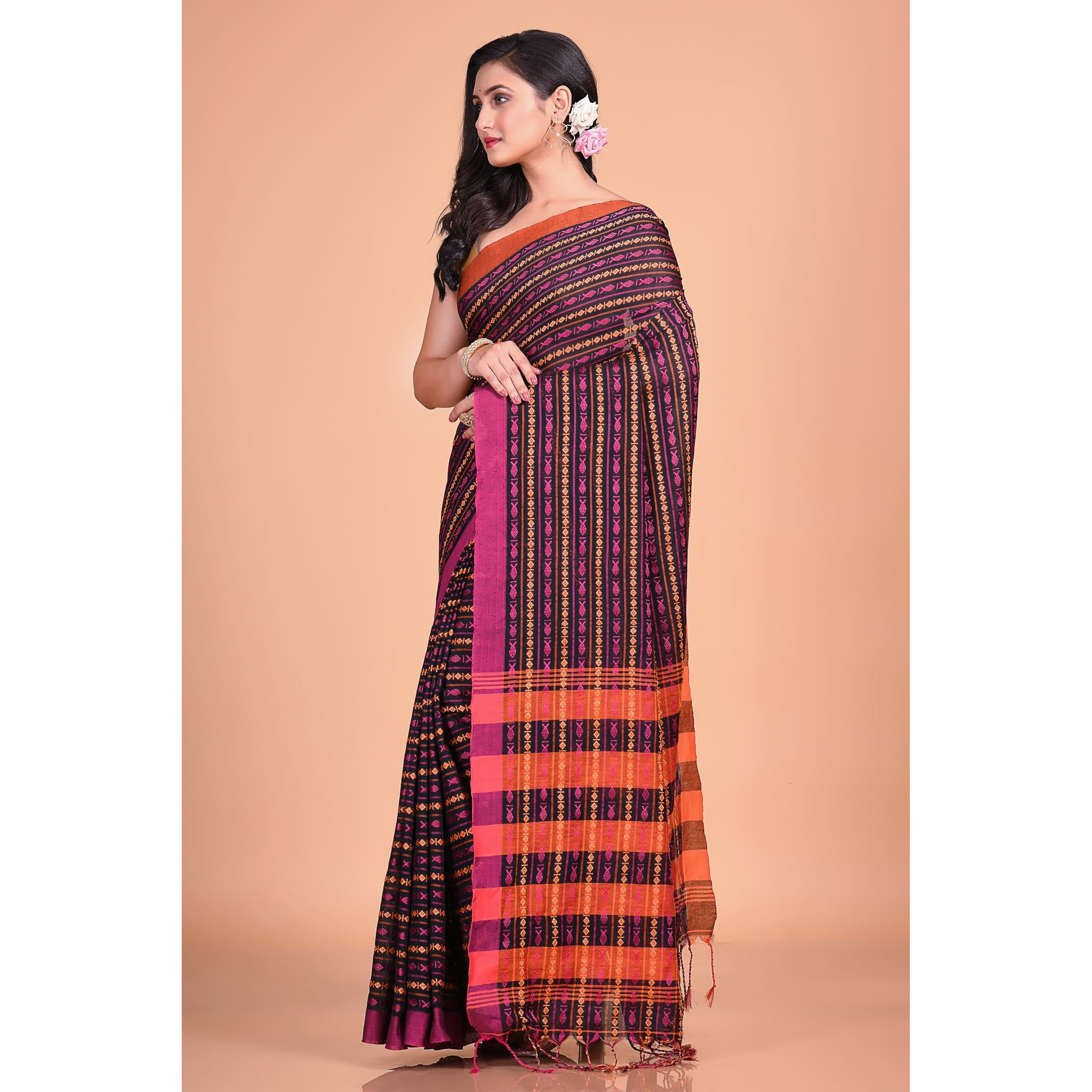 T.J. SAREES Khadi Cotton Fish Motive Sarees for Women Traditional Bengali Sarees for Women Authentic Handloom Sarees for Women, Elegant Indian Wear (Black, Pack Of 1)