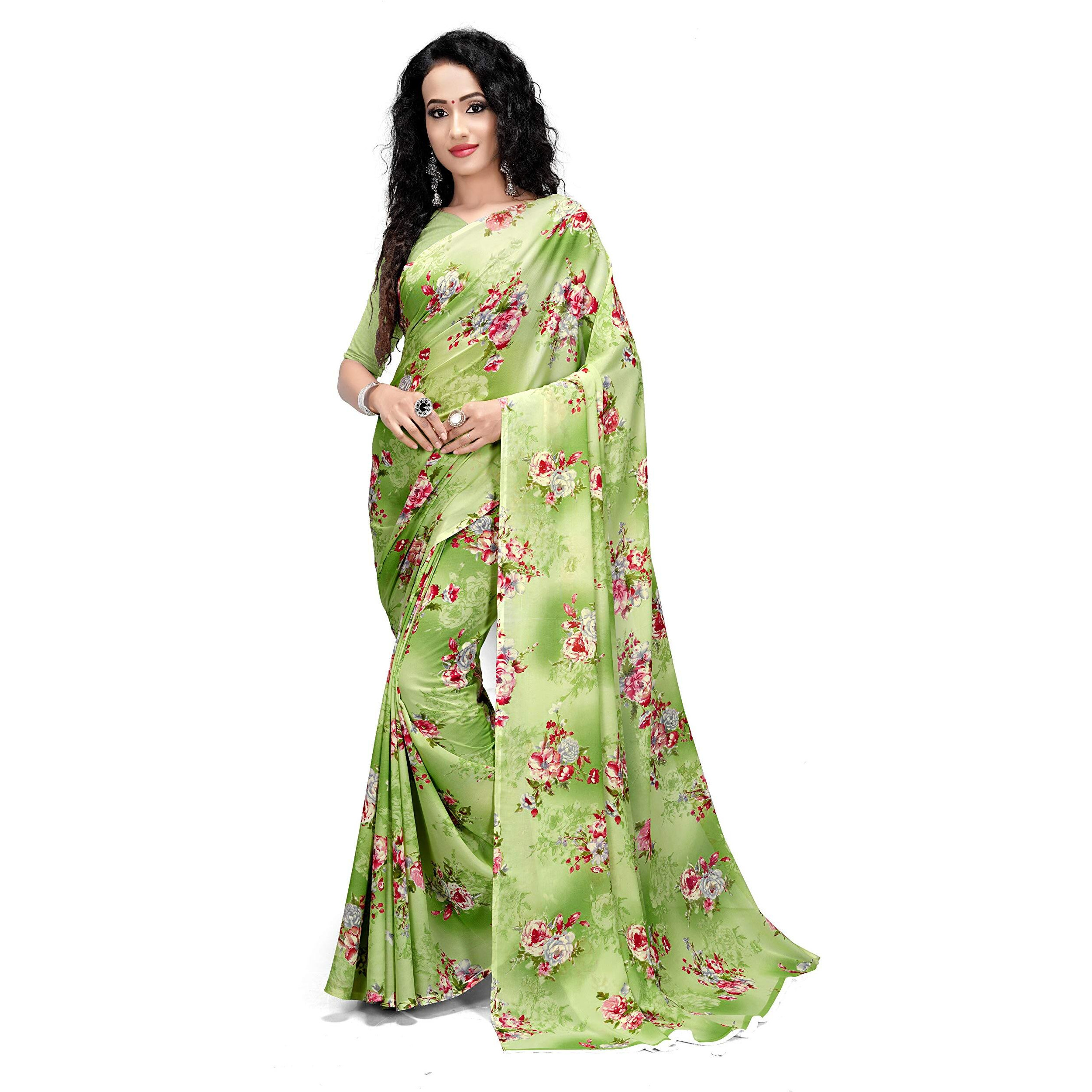 Mermaid Ocean Floral Georgette Saree with Blouse Piece (ME0275_Light Green)