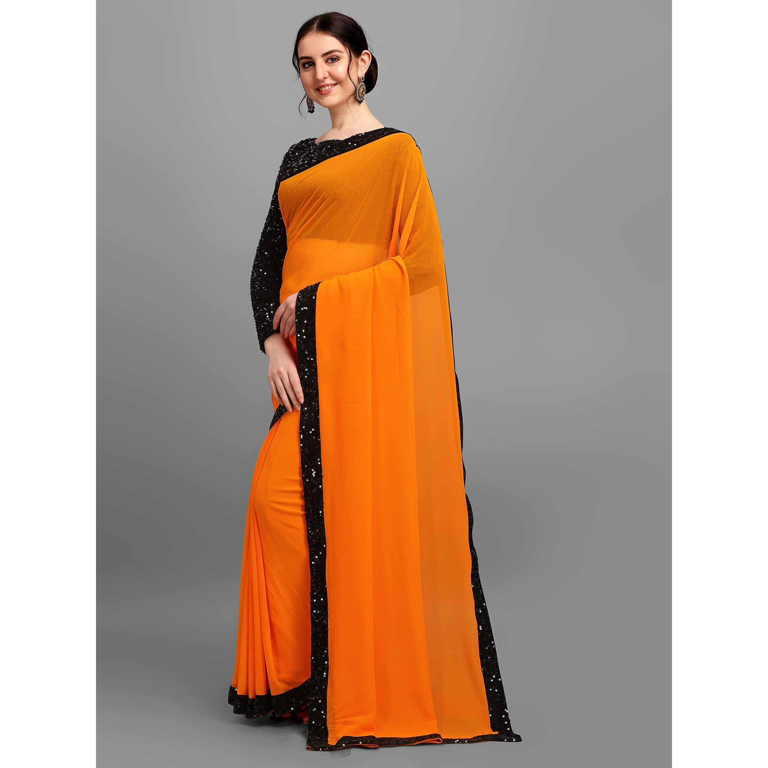 Regolith Designer Sarees women georgette sequence sarees for women with fancy saree Unstitched Blouse Piece (Orange)