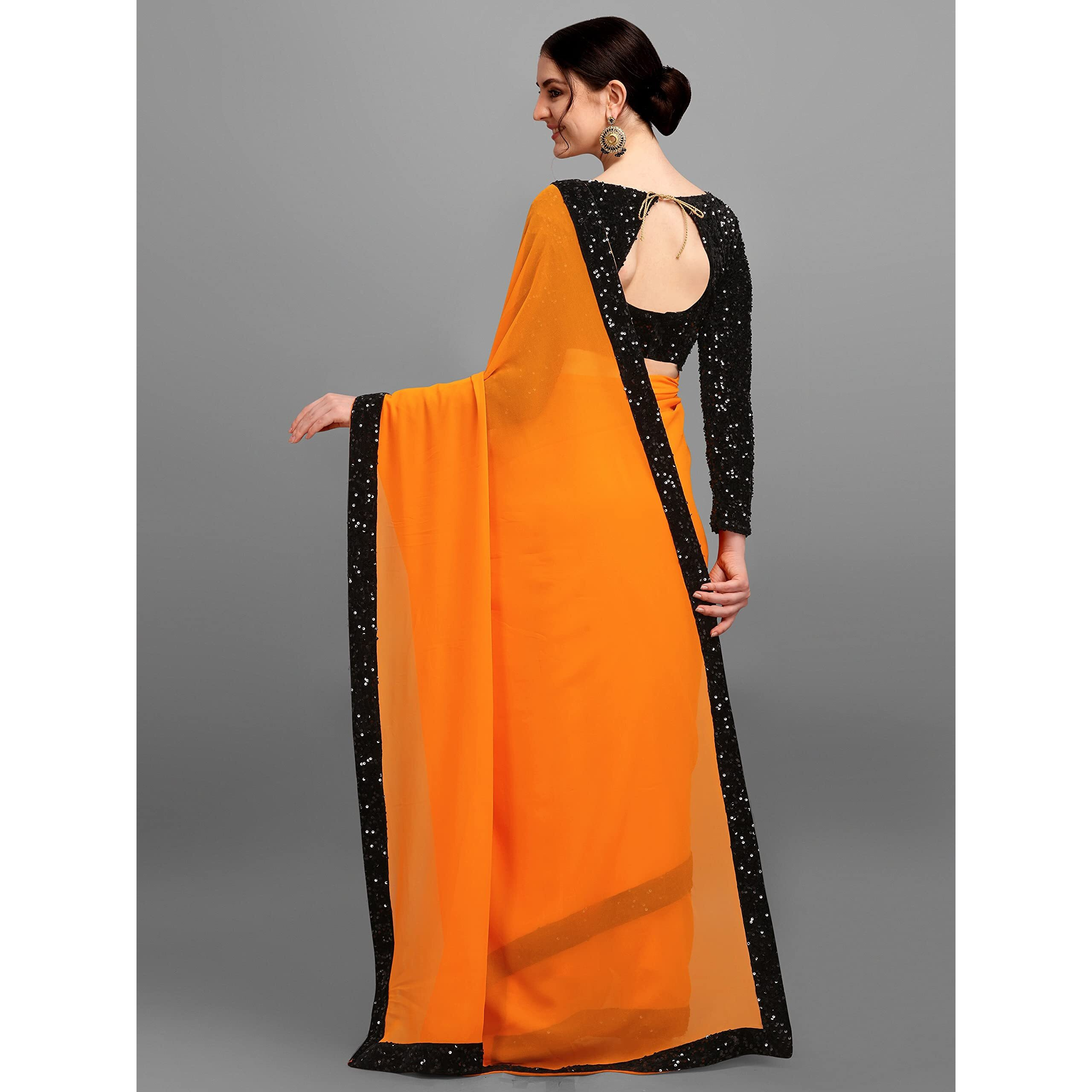 Regolith Designer Sarees women georgette sequence sarees for women with fancy saree Unstitched Blouse Piece (Orange)