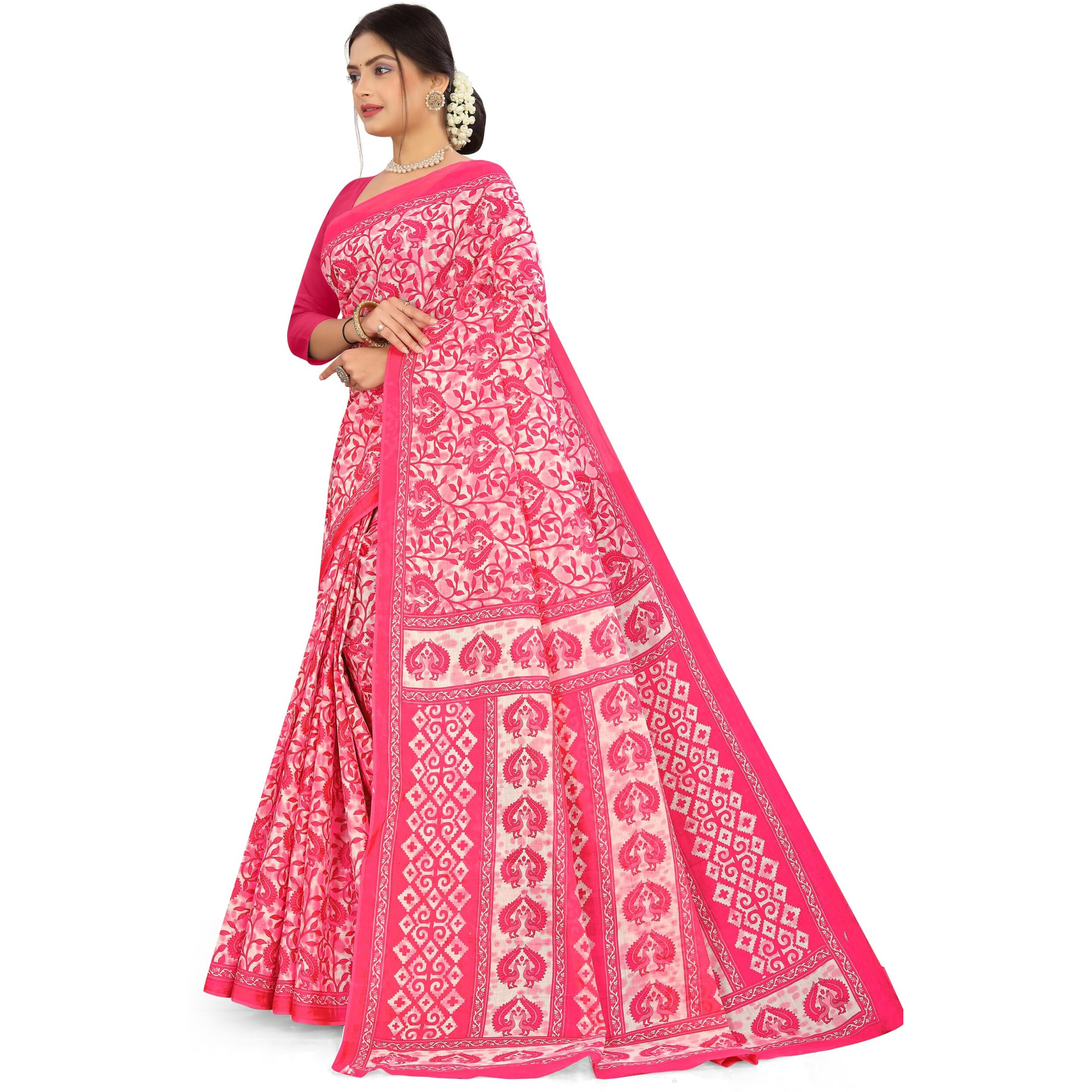 TAMAIRA FASHION Womens Plain Weave Pure Cotton Saree Without Blouse Piece(2479_Pink)