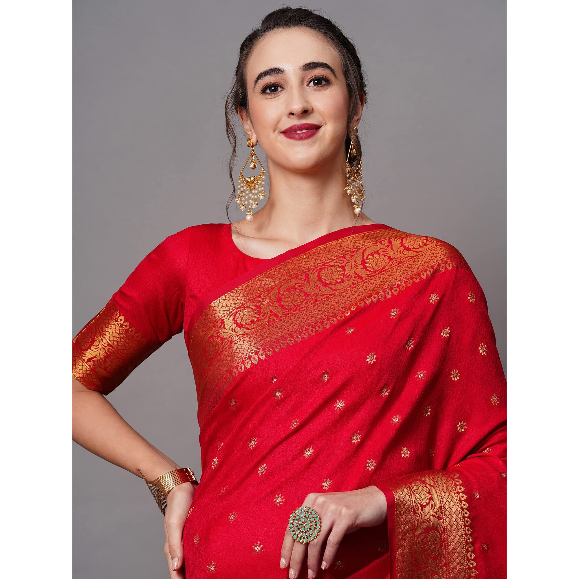 AKHILAM Womens Silk Blend Woven Design Saree With Unstitched Blouse Piece(Teal Blue_KLND197003)