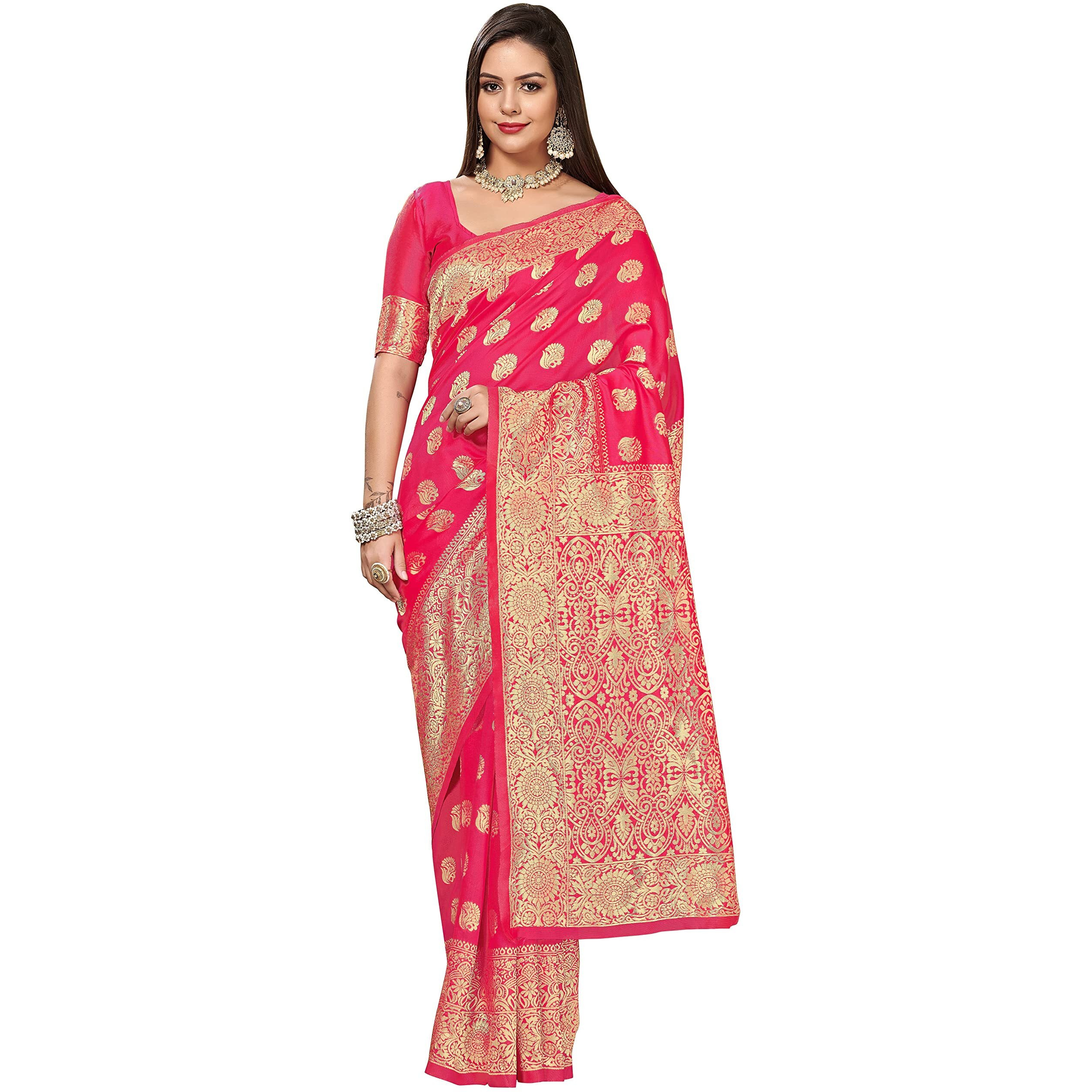 Glory Sarees Womens Banarasi Silk Saree With Blouse Piece (Banarasi_Saree131_Rani)