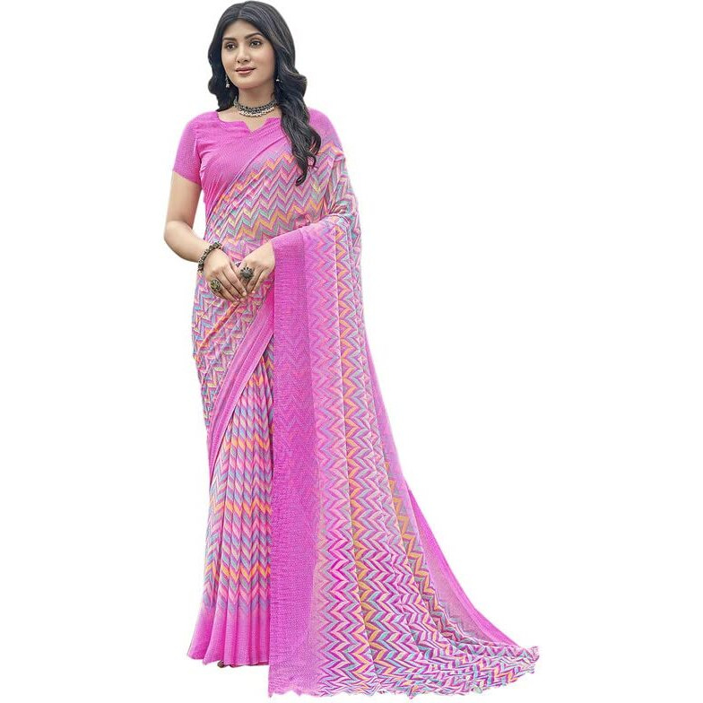 SIRIL Womens Printed Chiffon Saree with Blouse(2618S2072_Pink)