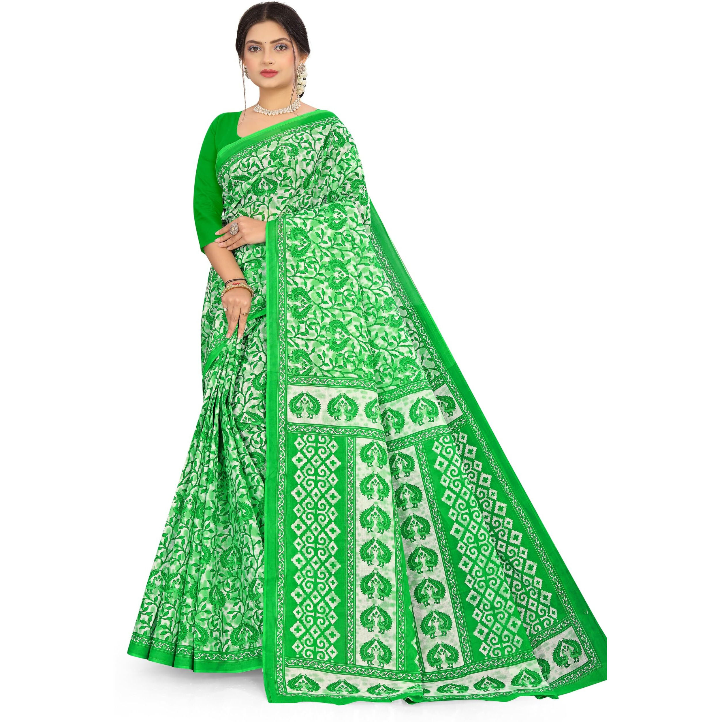 TAMAIRA FASHION Womens Plain Weave Pure Cotton Saree Without Blouse Piece(2479_ParrotGreen)