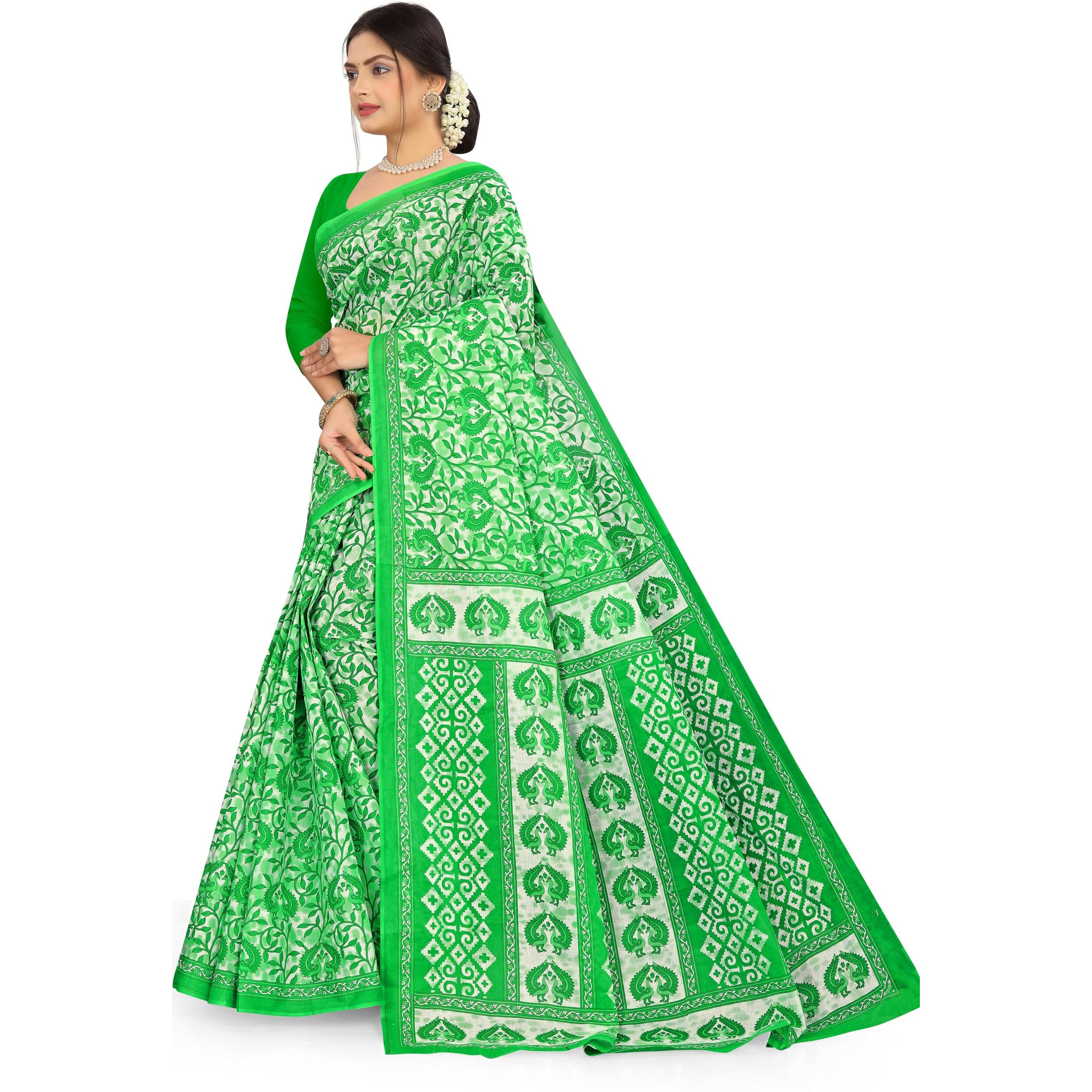 TAMAIRA FASHION Womens Plain Weave Pure Cotton Saree Without Blouse Piece(2479_ParrotGreen)