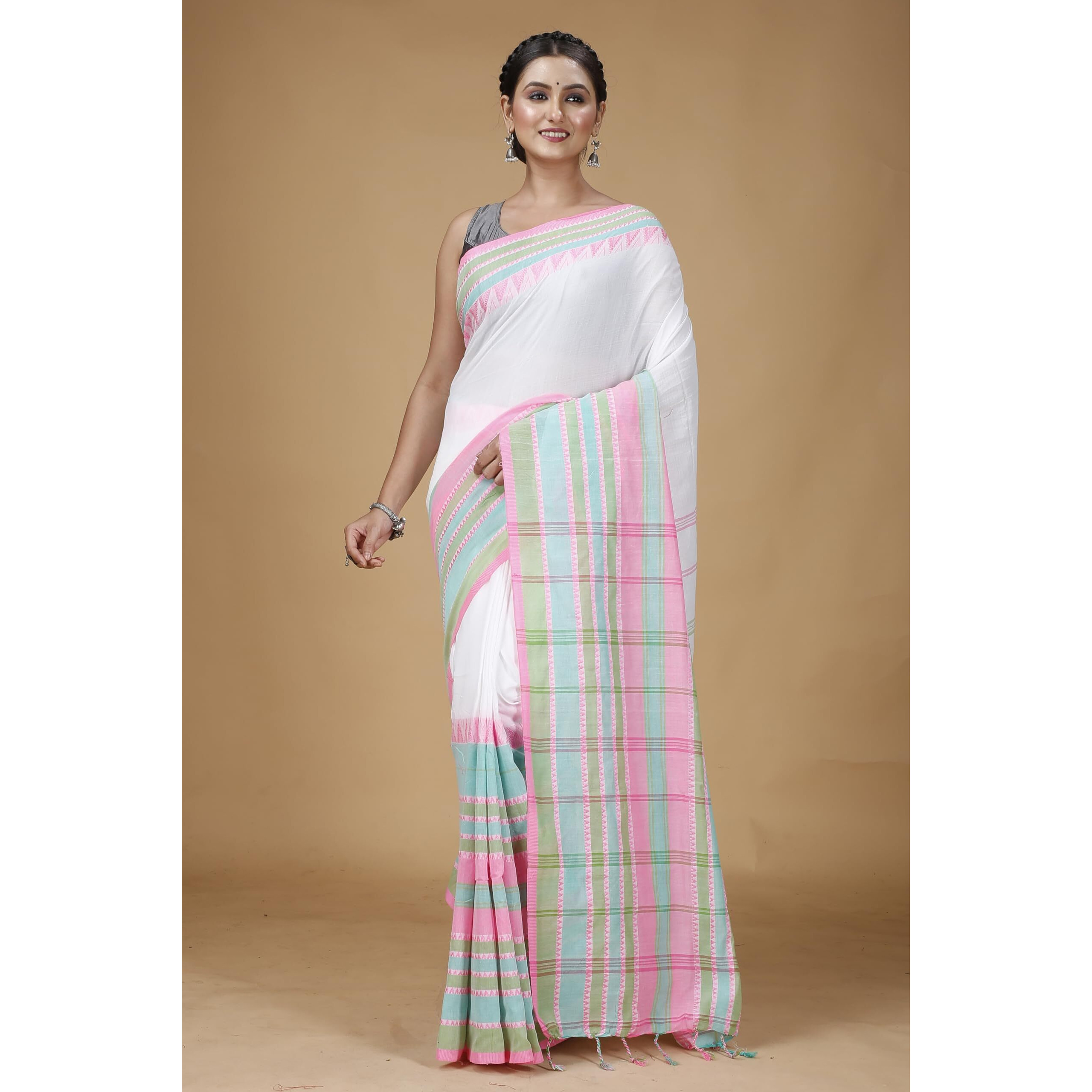 T.J. SAREES Khadi Cotton Begampuri Sarees for Women Traditional Bengali Saree for Women Authentic Handloom Sarees Elegant Indian Wear (White Pack of 1)