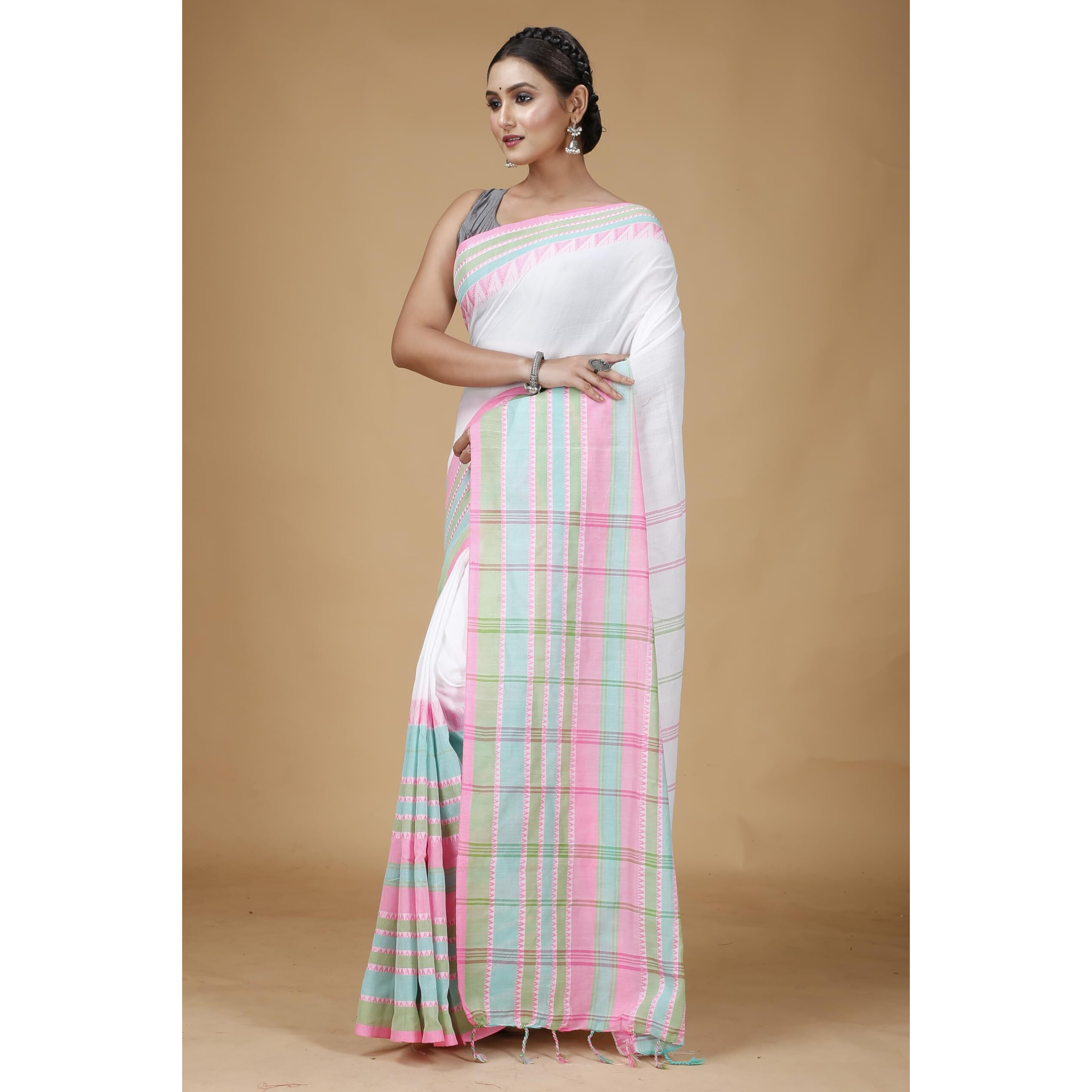 T.J. SAREES Khadi Cotton Begampuri Sarees for Women Traditional Bengali Saree for Women Authentic Handloom Sarees Elegant Indian Wear (White Pack of 1)