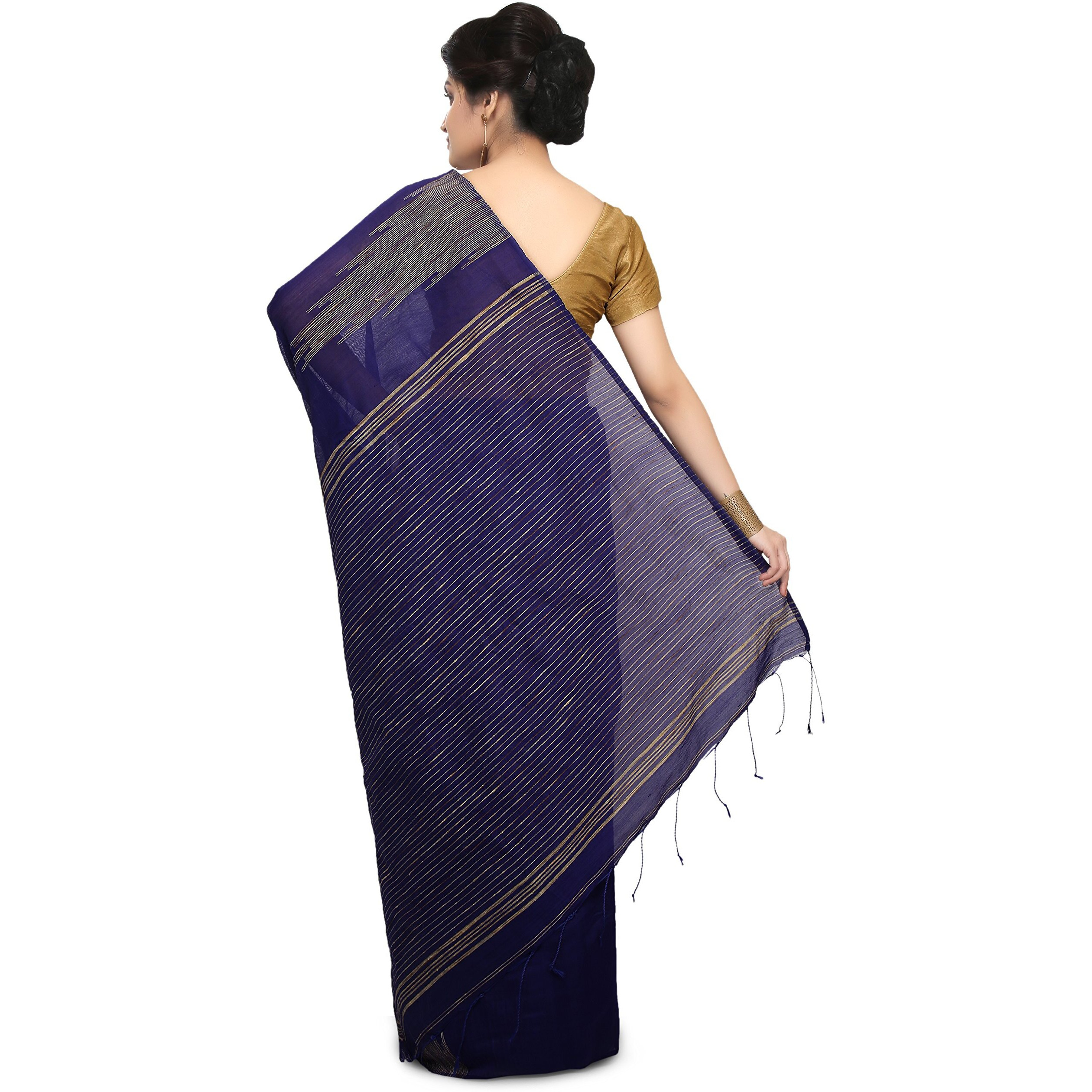 BENGAL HANDLOOM Traditional Handloom Temple border Blue Colour Saree With Blouse Piece