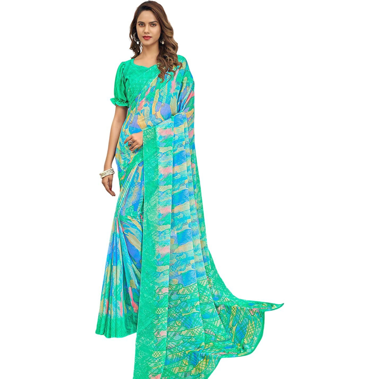 Jaanvi fashion Womens Printed Chiffon Saree With Blouse Piece(star-chiffon-20401-a)