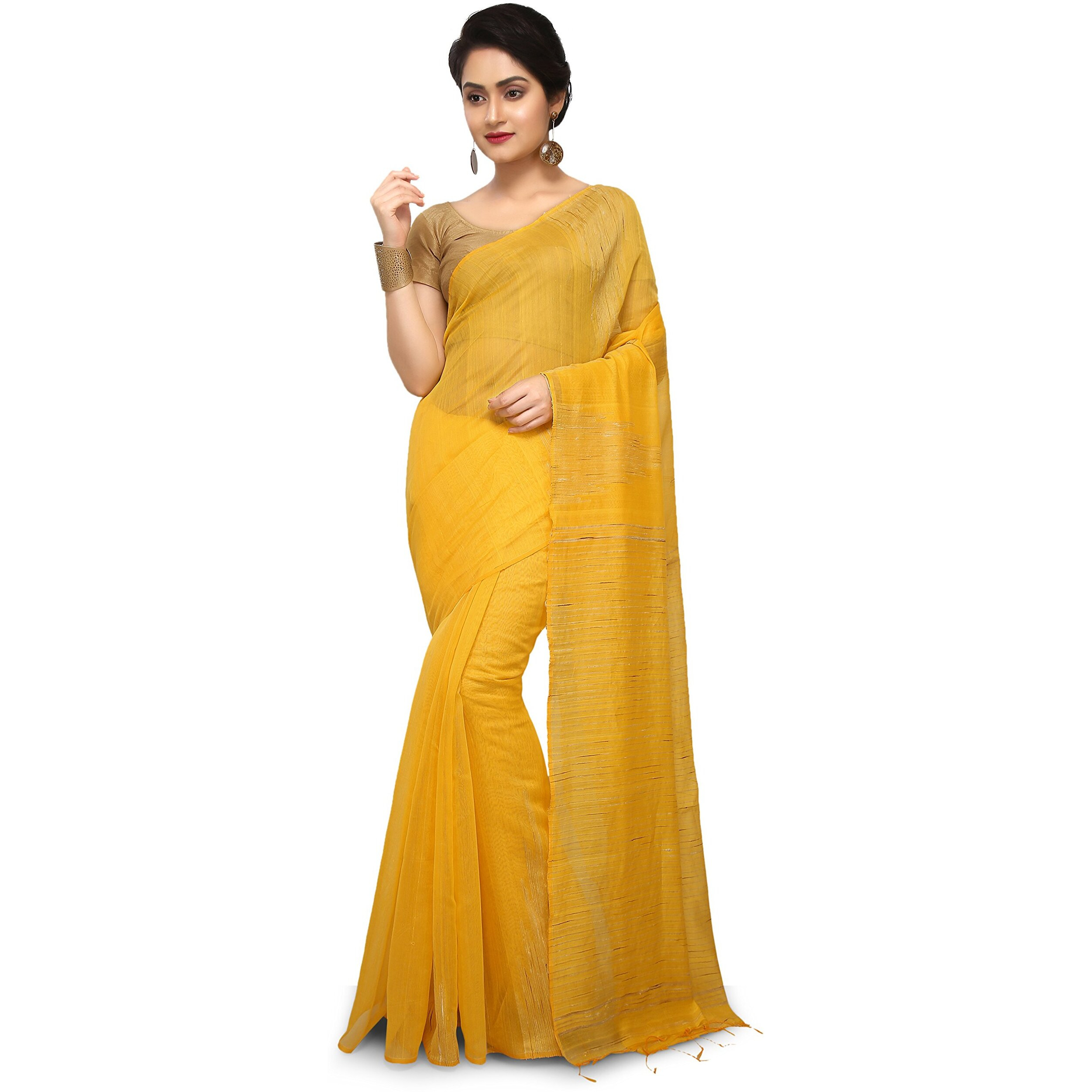 BENGAL HANDLOOM Traditional Handloom Temple border Yellow Colour Saree With Blouse Piece