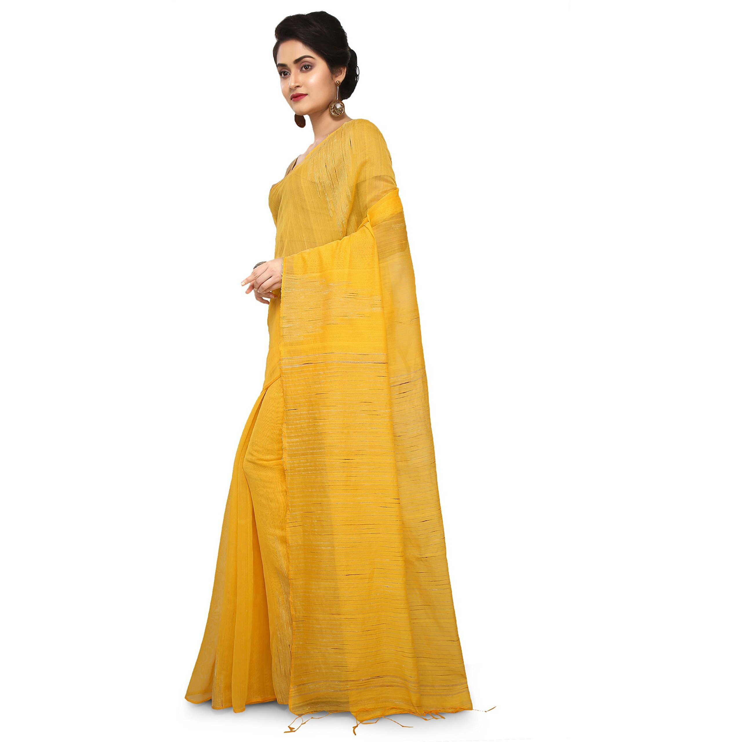 BENGAL HANDLOOM Traditional Handloom Temple border Yellow Colour Saree With Blouse Piece