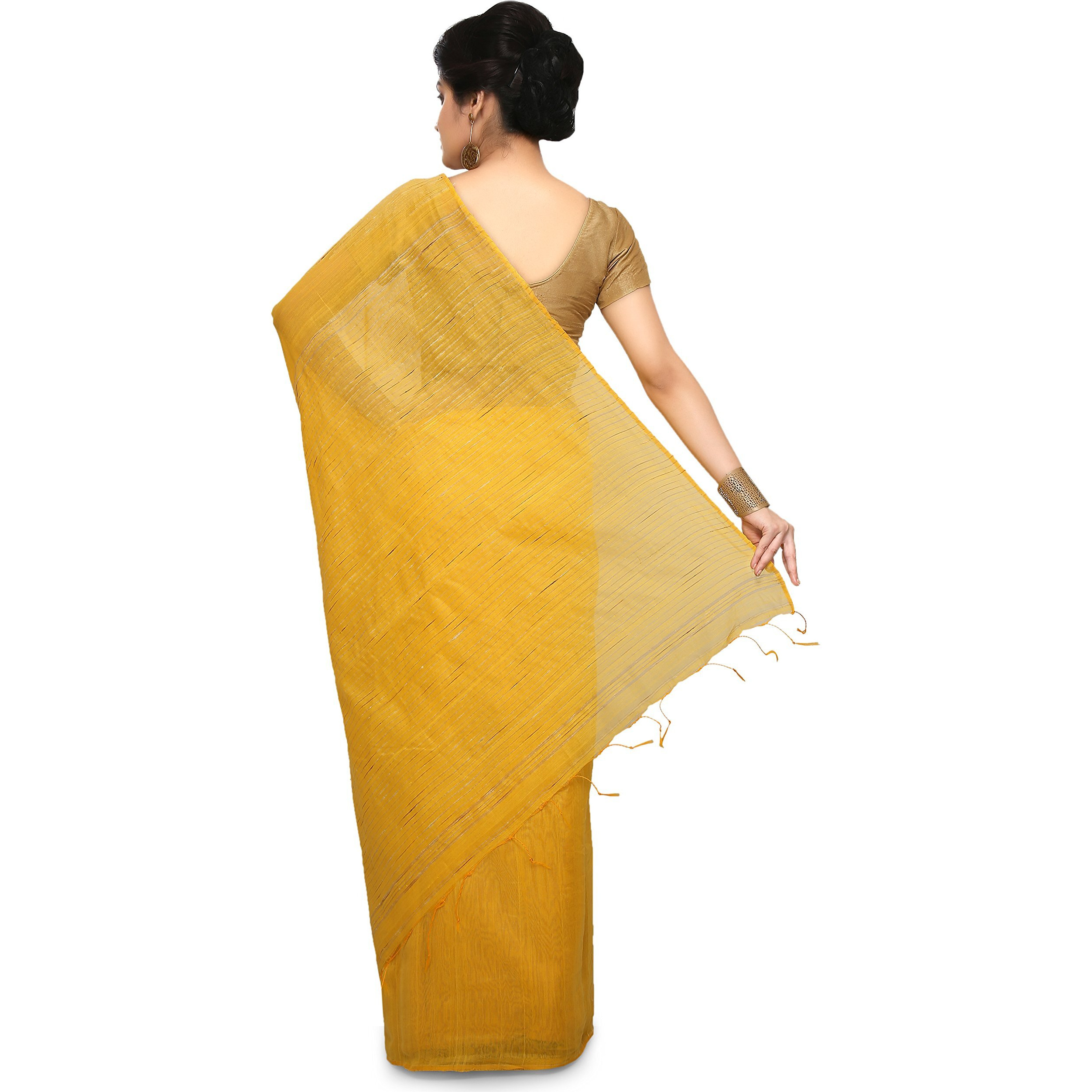 BENGAL HANDLOOM Traditional Handloom Temple border Yellow Colour Saree With Blouse Piece