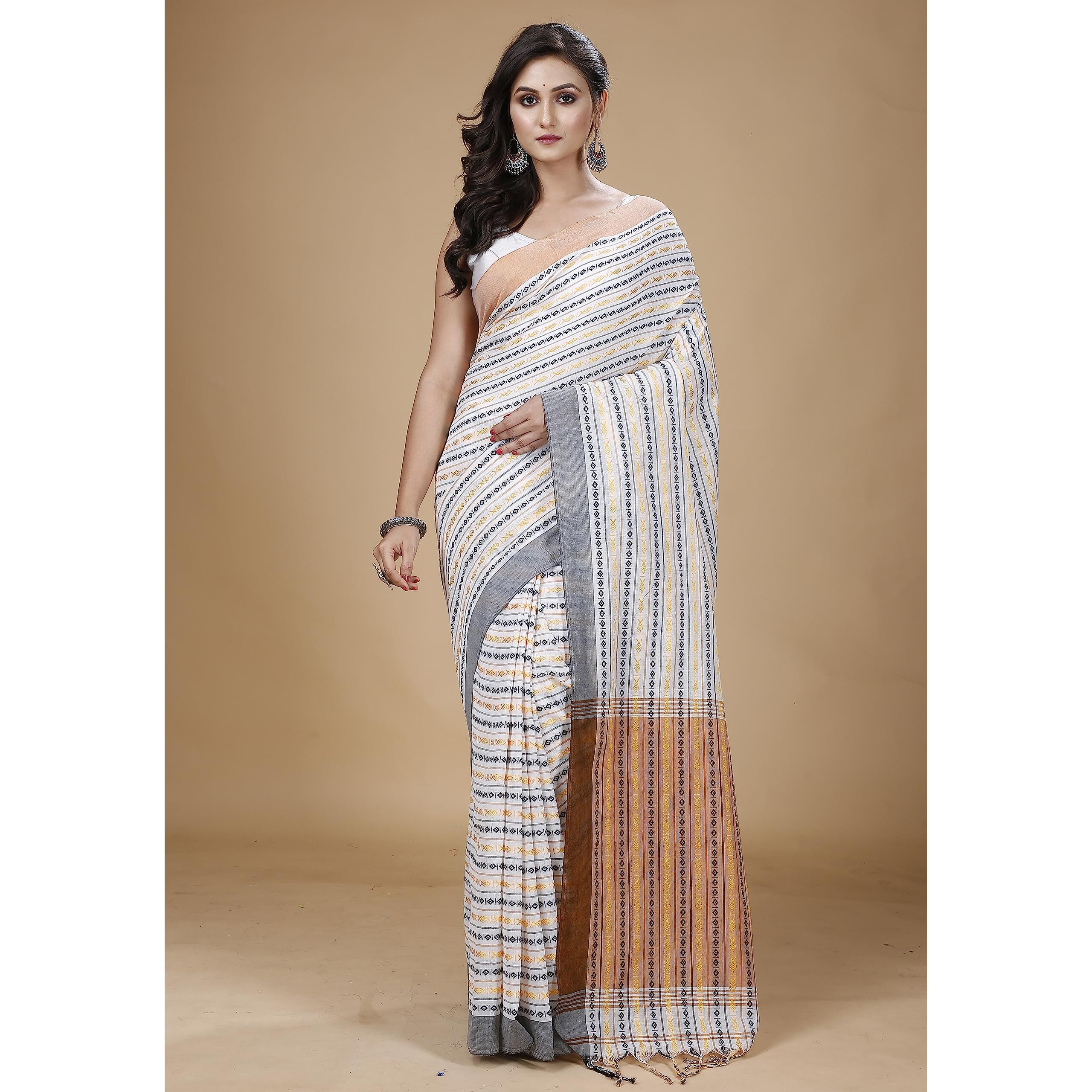 T.J. SAREES Khadi Cotton Begampuri Sarees for Women Traditional Bengali Saree for Women Authentic Handloom Sarees Elegant Indian Wear (Golden And White Pack of 1)