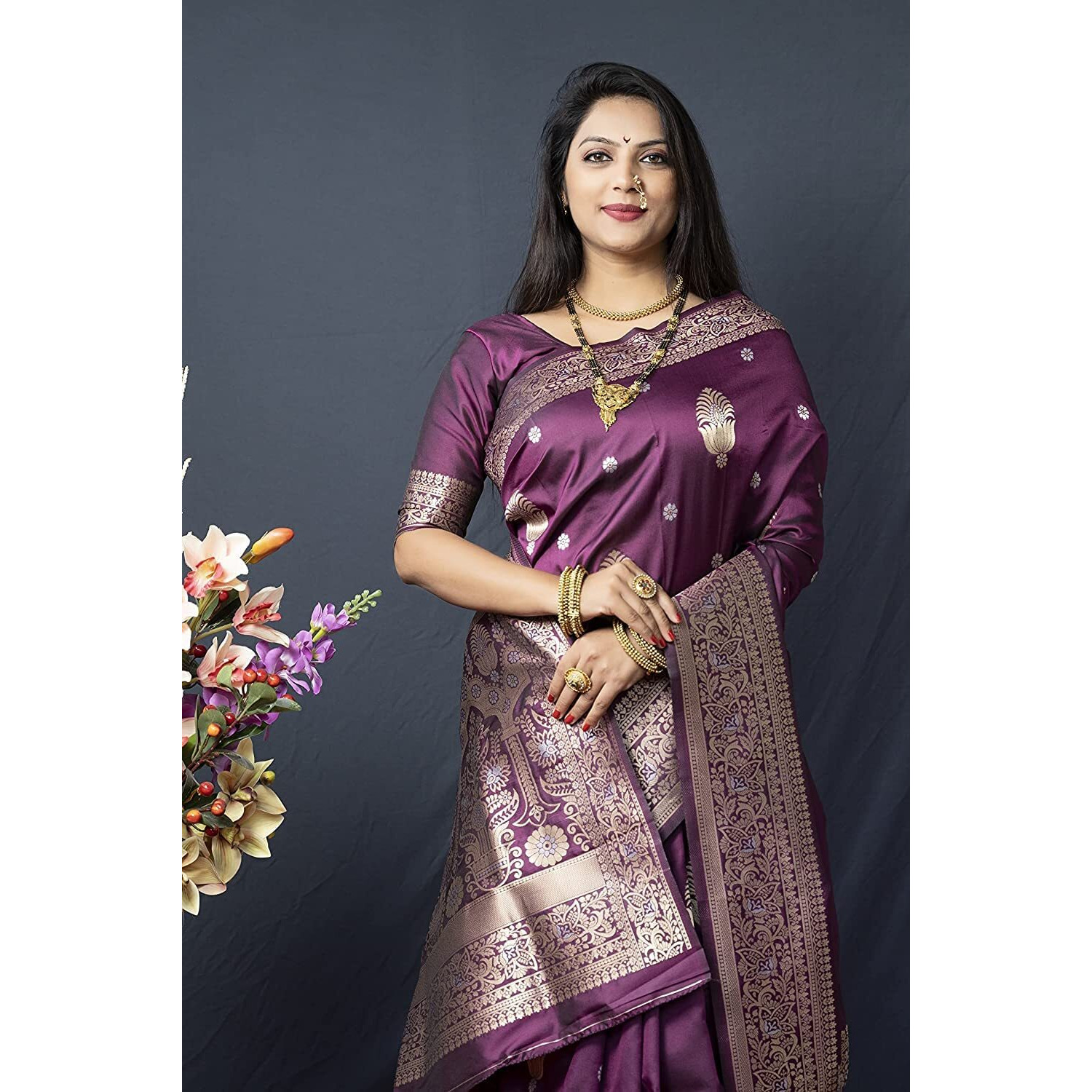 SGF11- Womens Kanjivaram Pure Soft Silk Handloom Saree Pure Golden Zari With Blouse Piece (Purple)