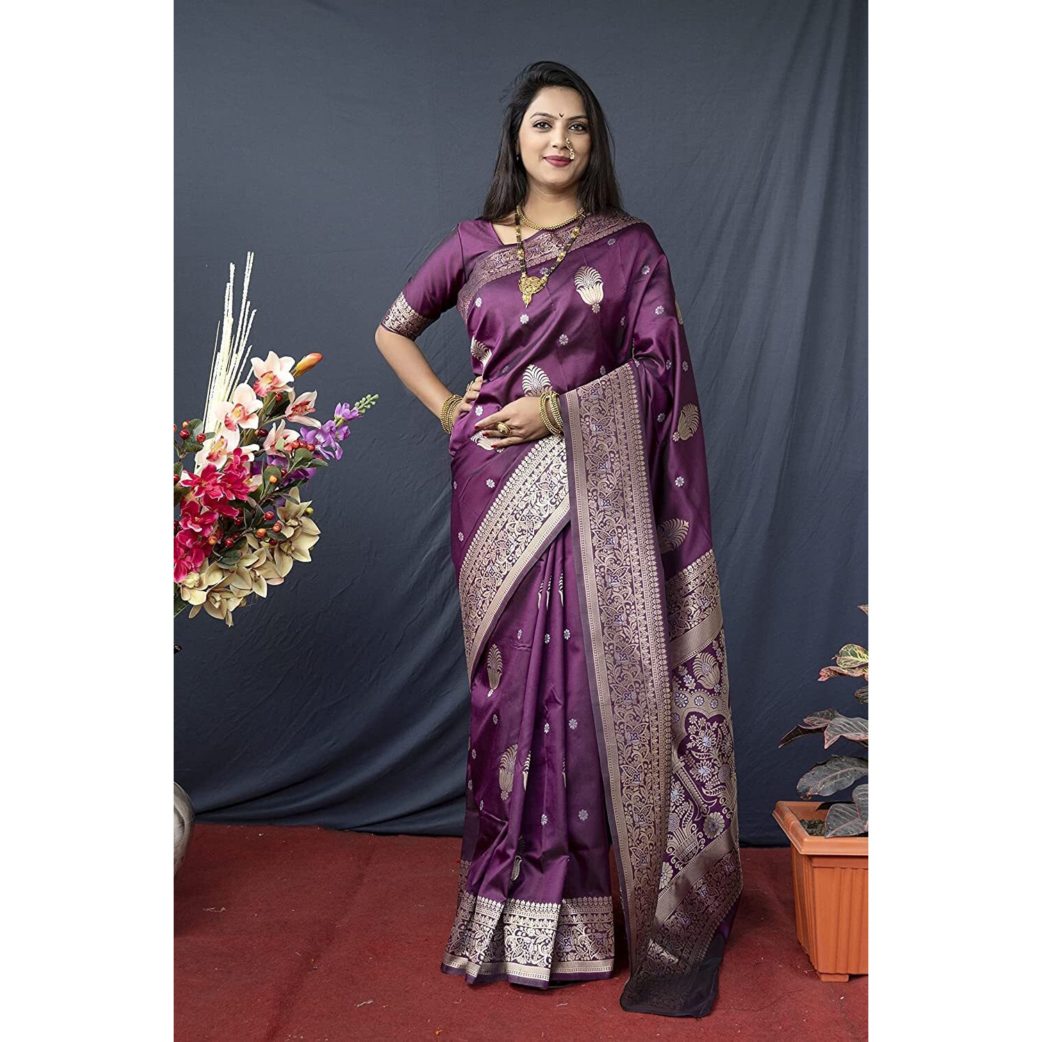 SGF11- Womens Kanjivaram Pure Soft Silk Handloom Saree Pure Golden Zari With Blouse Piece (Purple)