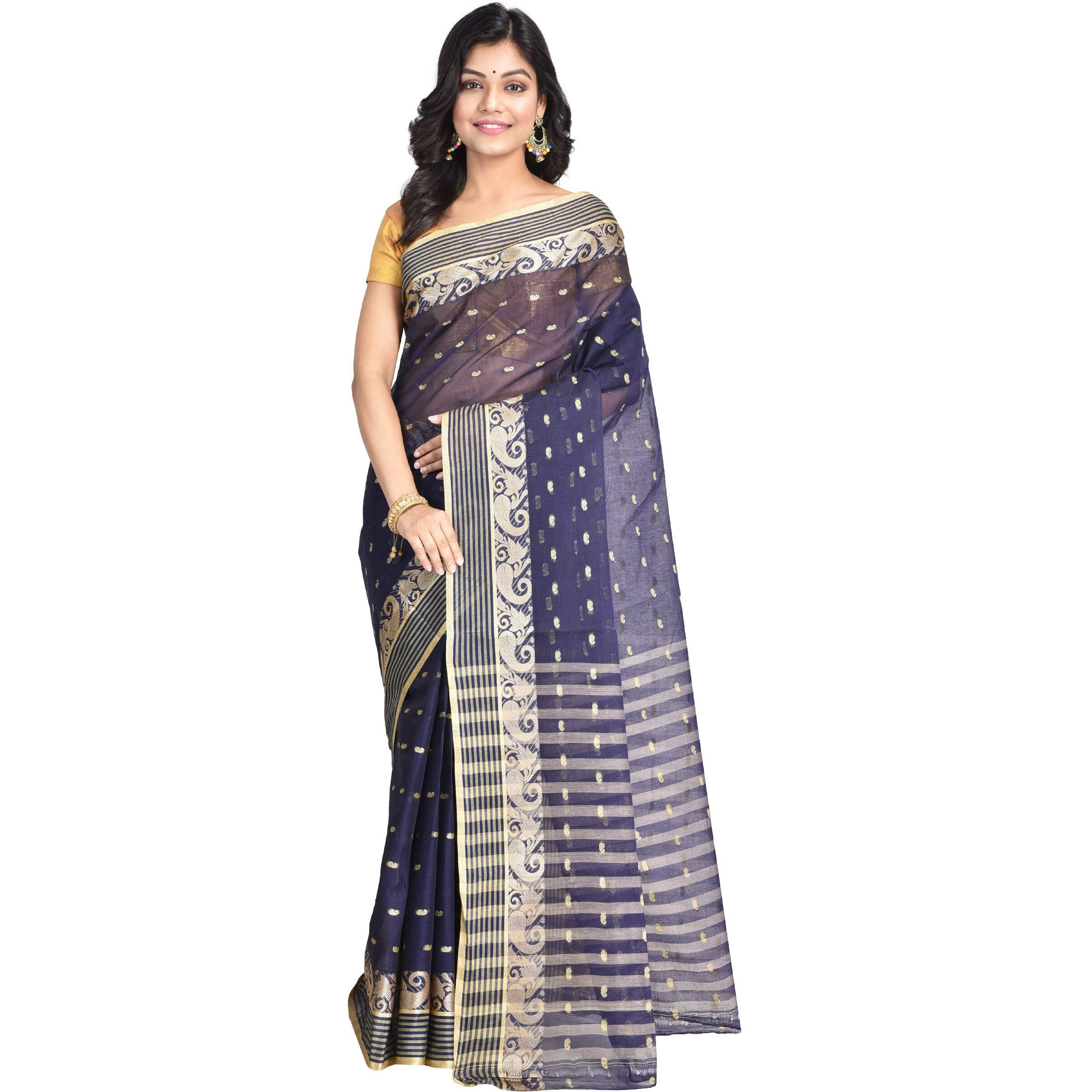 Raj Sarees Womens Tant Cotton Saree With Blouse Piece (Raj Saree House_Navy Blue)