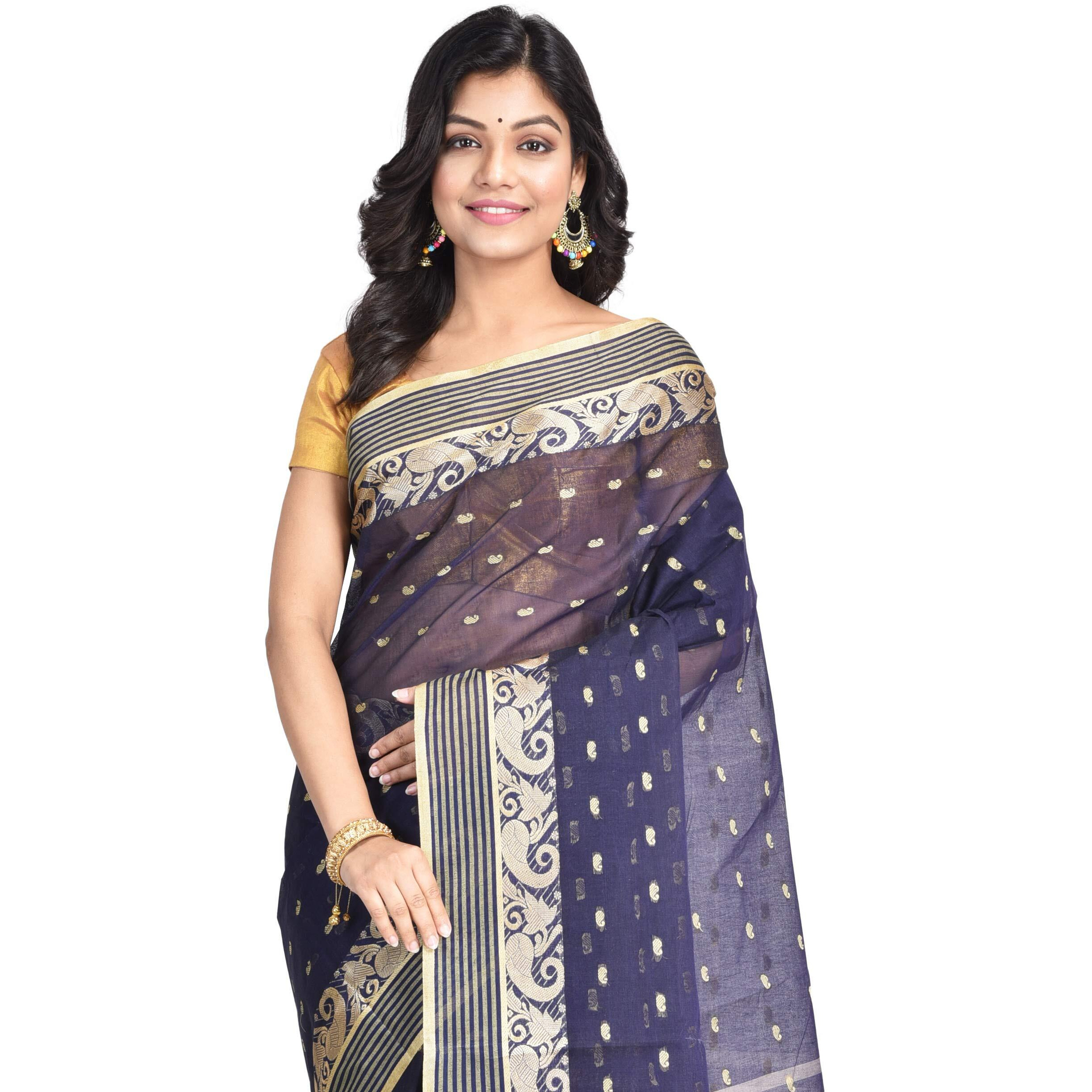 Raj Sarees Womens Tant Cotton Saree With Blouse Piece (Raj Saree House_Navy Blue)