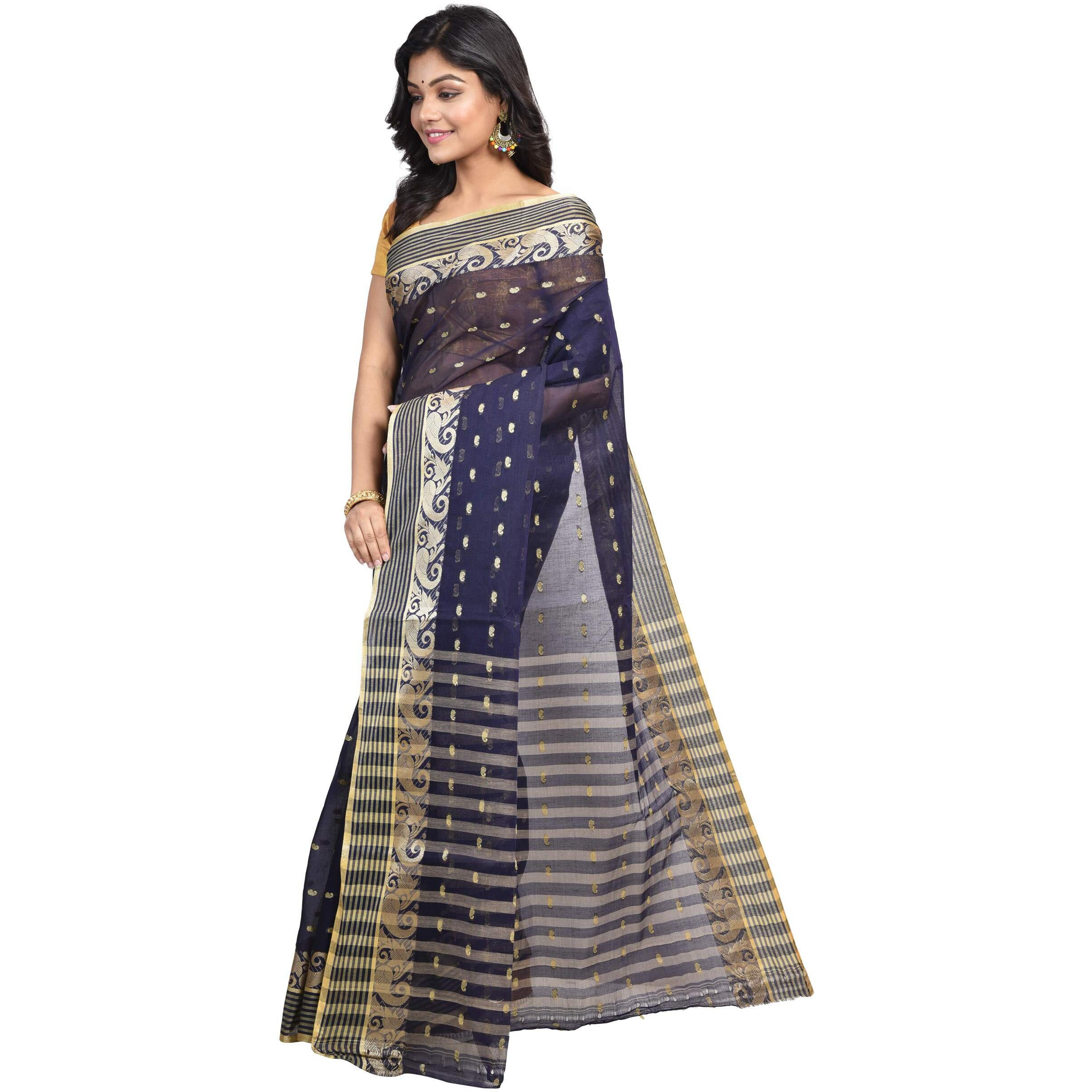 Raj Sarees Womens Tant Cotton Saree With Blouse Piece (Raj Saree House_Navy Blue)