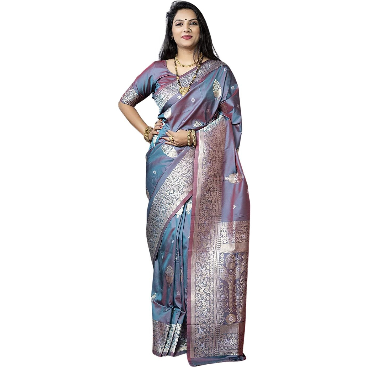 SGF11- Womens Kanjivaram Pure Soft Silk Handloom Saree Pure Golden Zari With Blouse Piece (Grey Blue)