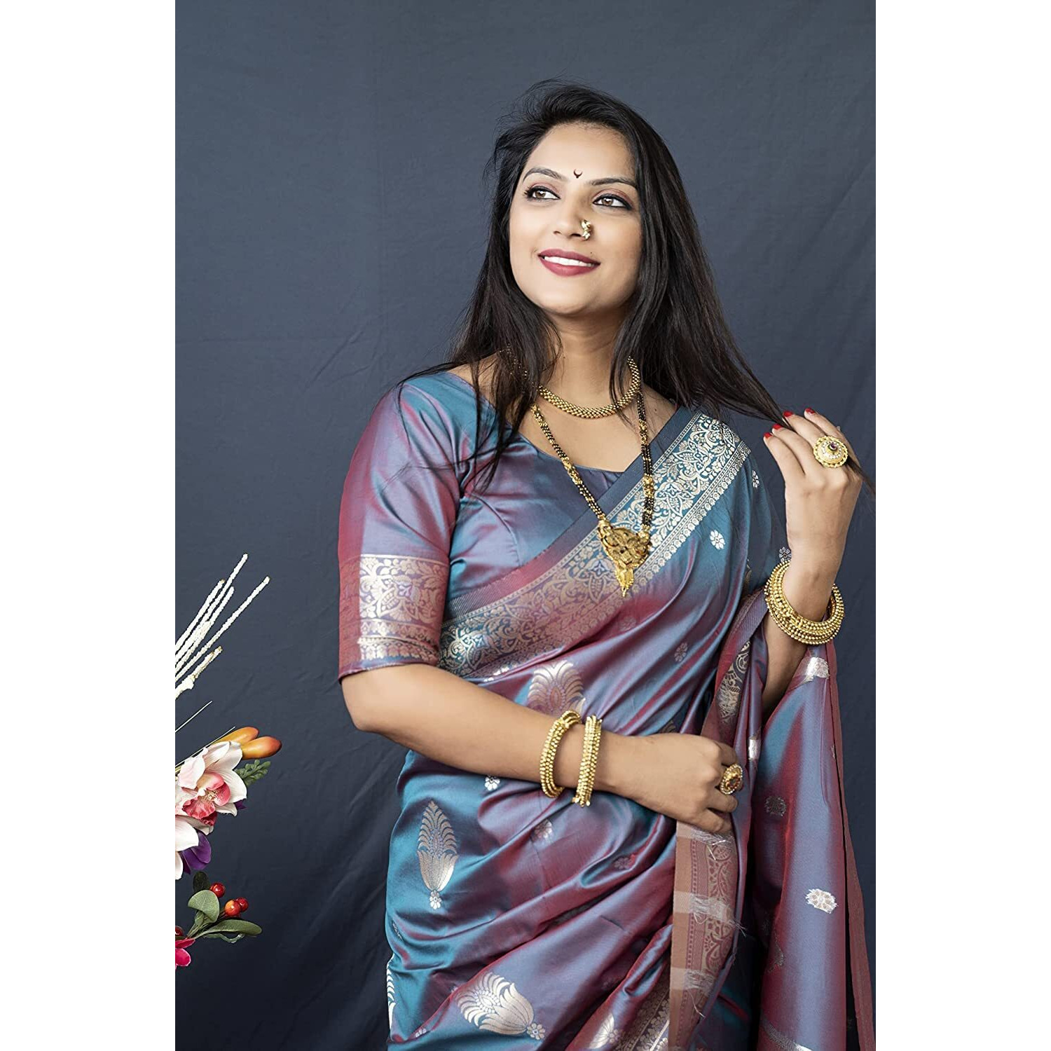SGF11- Womens Kanjivaram Pure Soft Silk Handloom Saree Pure Golden Zari With Blouse Piece (Grey Blue)