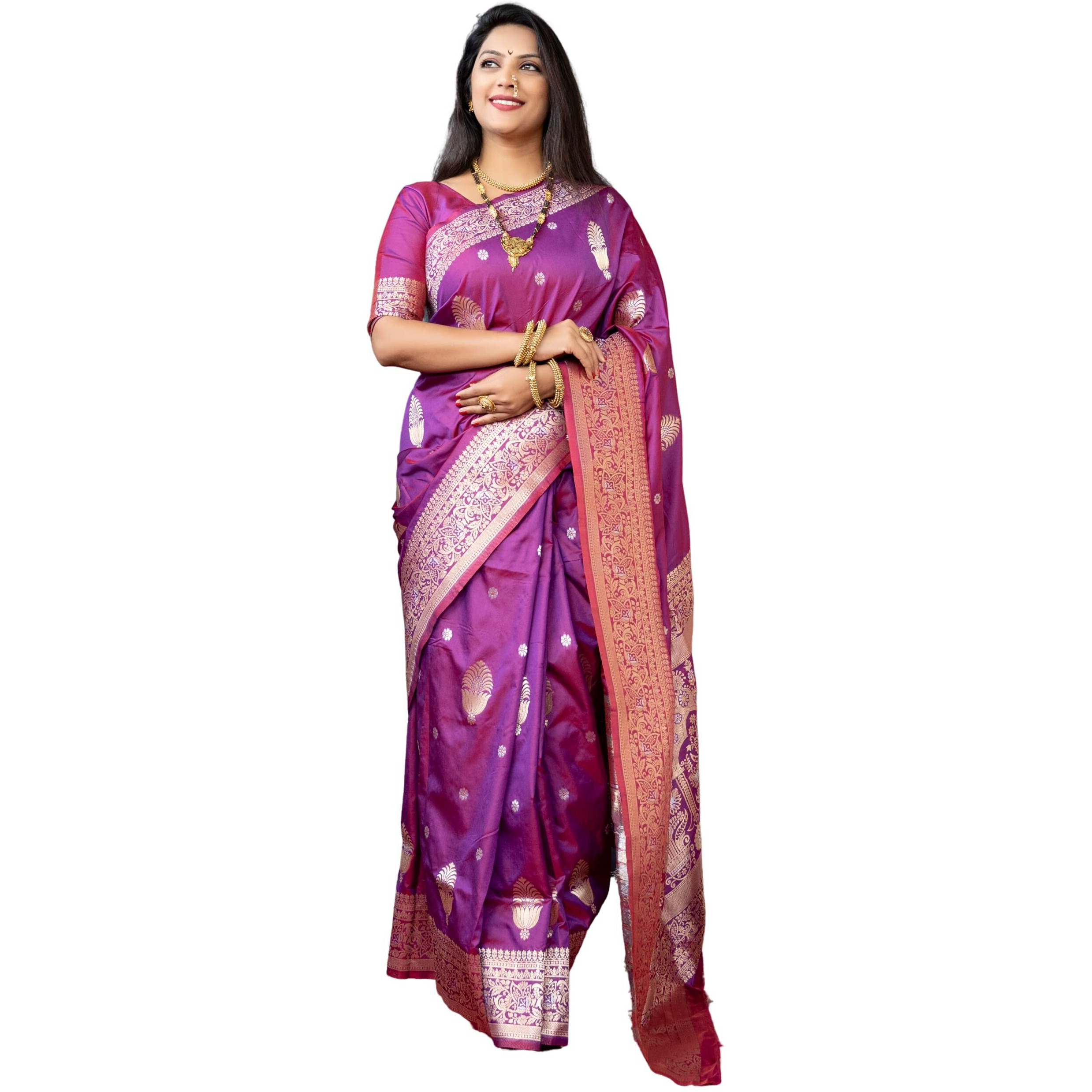 SGF11- Womens Kanjivaram Pure Soft Silk Handloom Saree Pure Golden Zari With Blouse Piece (Magenta Purple)