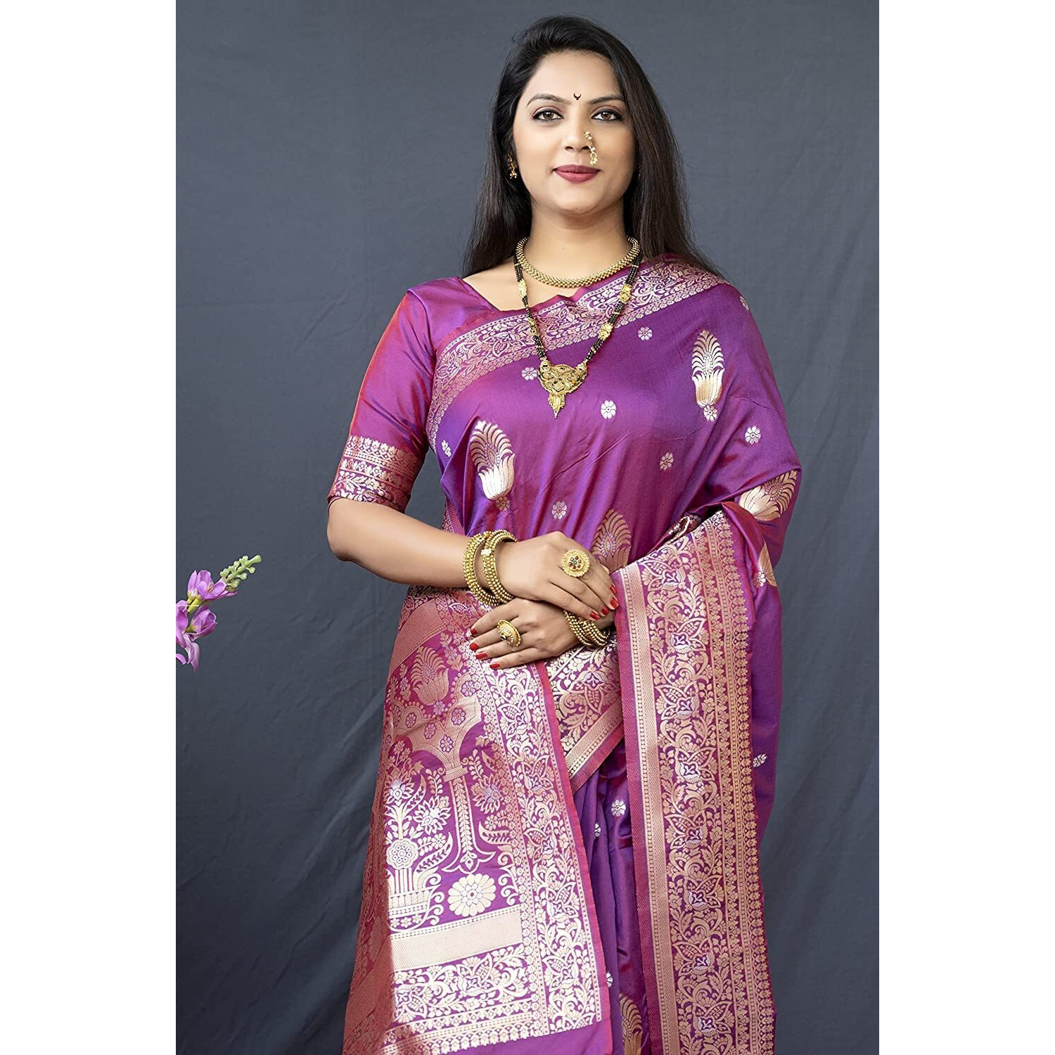 SGF11- Womens Kanjivaram Pure Soft Silk Handloom Saree Pure Golden Zari With Blouse Piece (Magenta Purple)