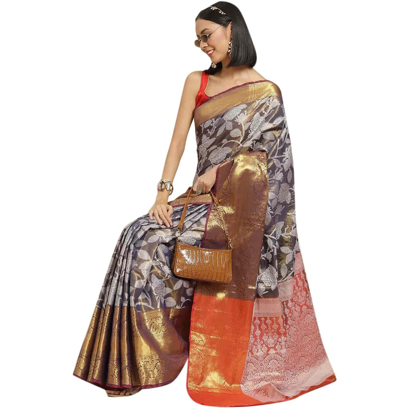 Enthone Womens Soft Brocade Floral Saree With Unstitched blouse Piece(Navy Blue)