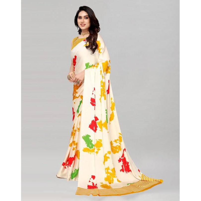 Satrani Womens Satin Saree (1572S7510NA_White & Mustard & Multi5)