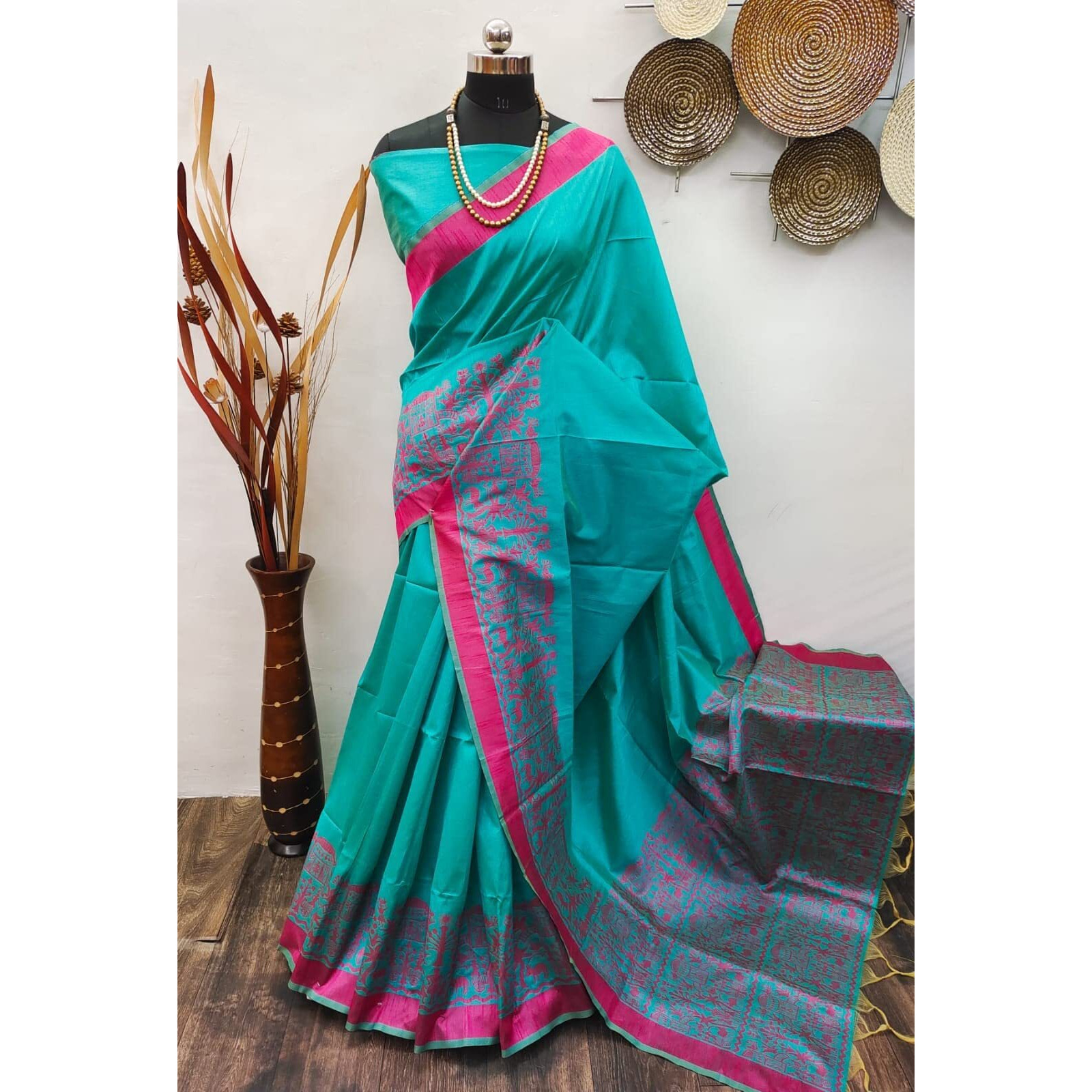NK Textiles Womens PlainSolid With Tribal Warli Design Border Woven Raw Silk Saree With Tassels (14 Designs & Colors), Green