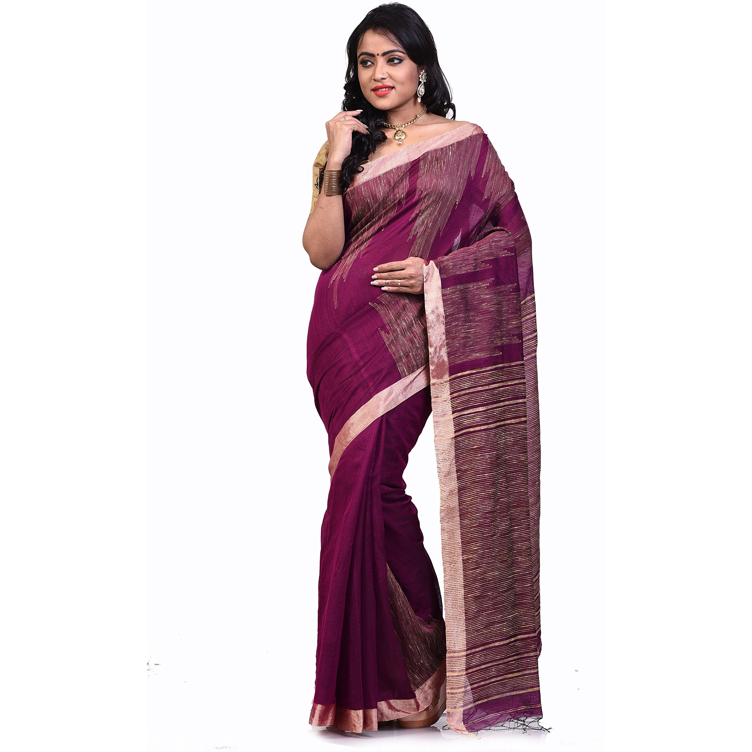 BENGAL HANDLOOM Womens Cotton Silk Saree With Blouse Piece(Color-Purple)