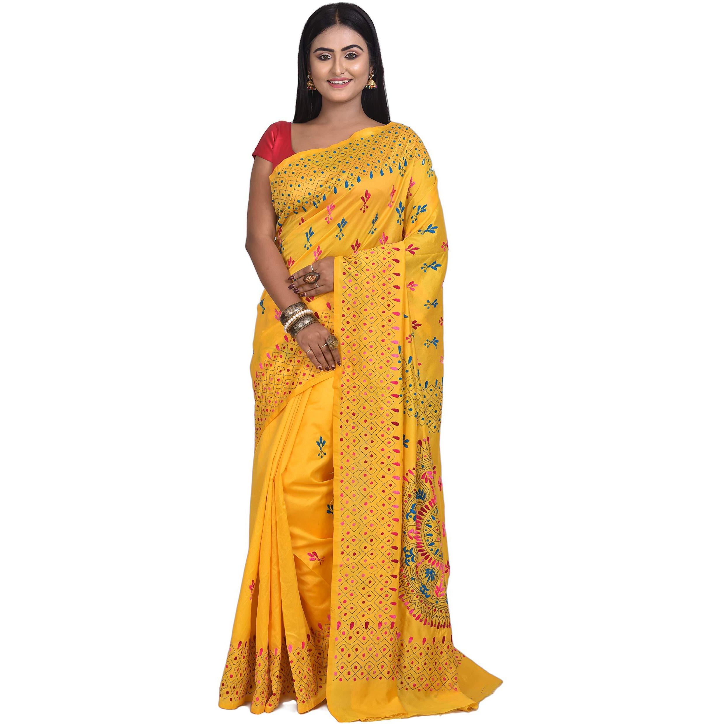 T.J. SAREES Womens Pure Kantha Stitch hand embroidery assam Silk Saree of Bengal With Blouse Piece - (Yellow, Pack of 1)
