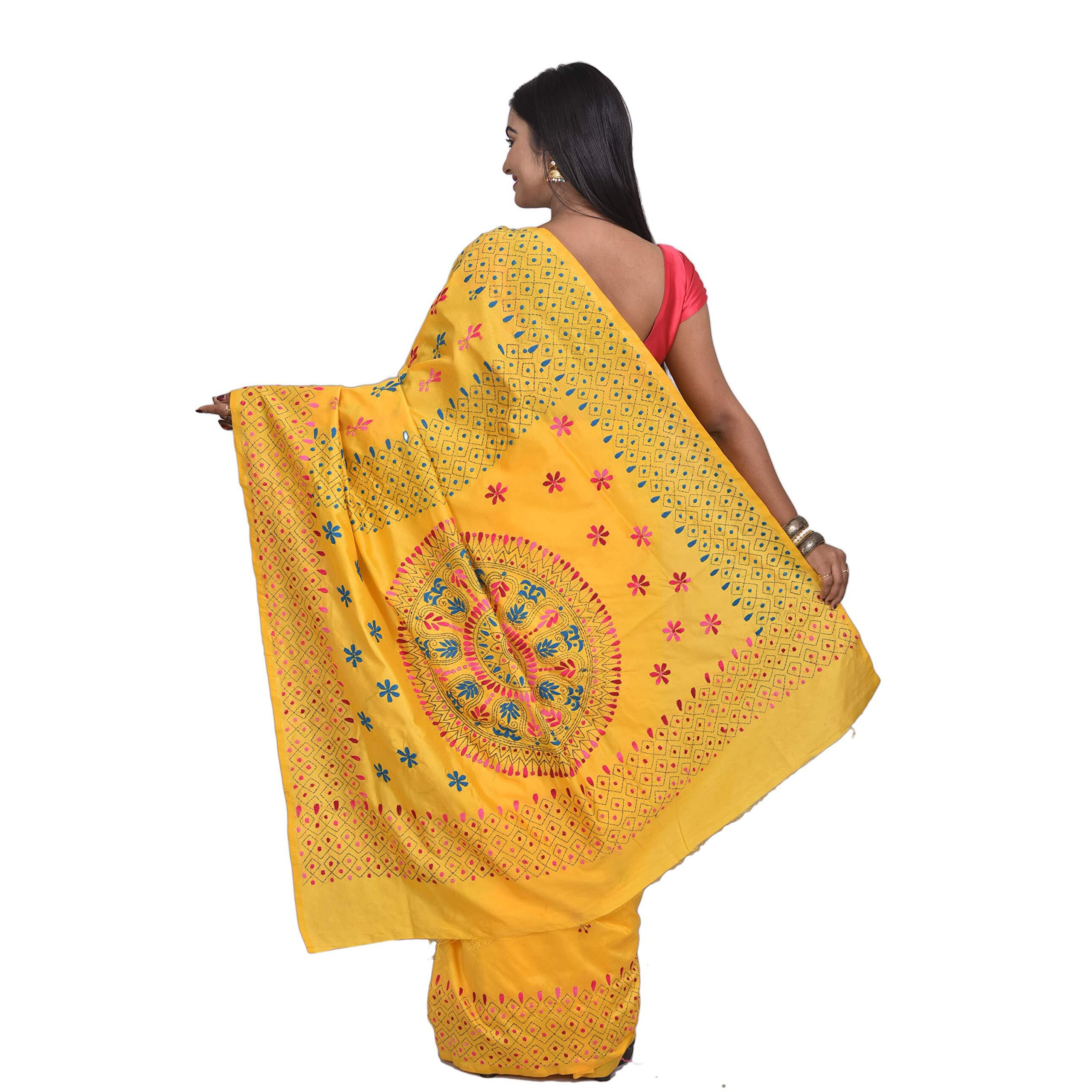 T.J. SAREES Womens Pure Kantha Stitch hand embroidery assam Silk Saree of Bengal With Blouse Piece - (Yellow, Pack of 1)