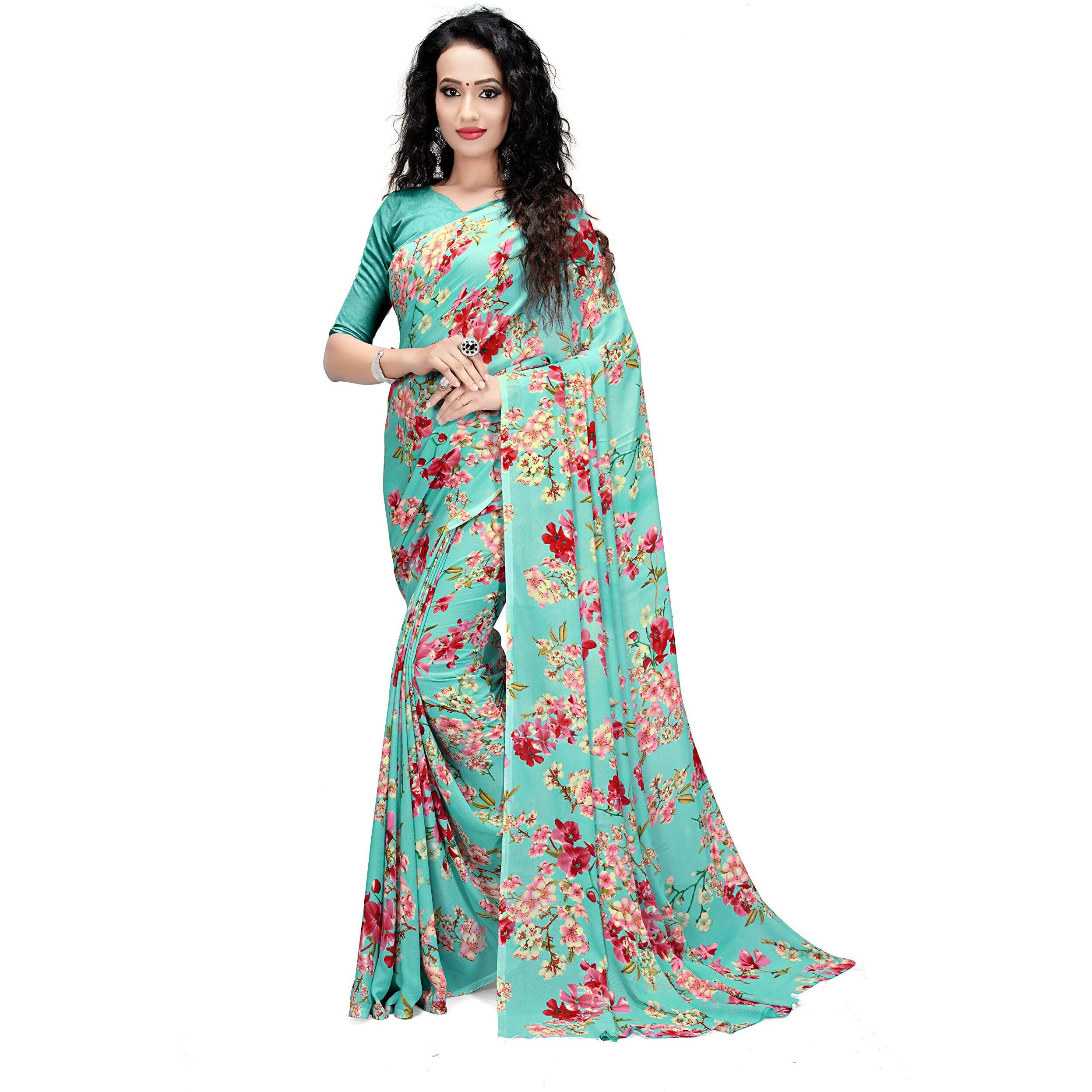 Mermaid Ocean Womens Plain Weave Georgette Saree with Blouse (ME00274_Blue, Teal)