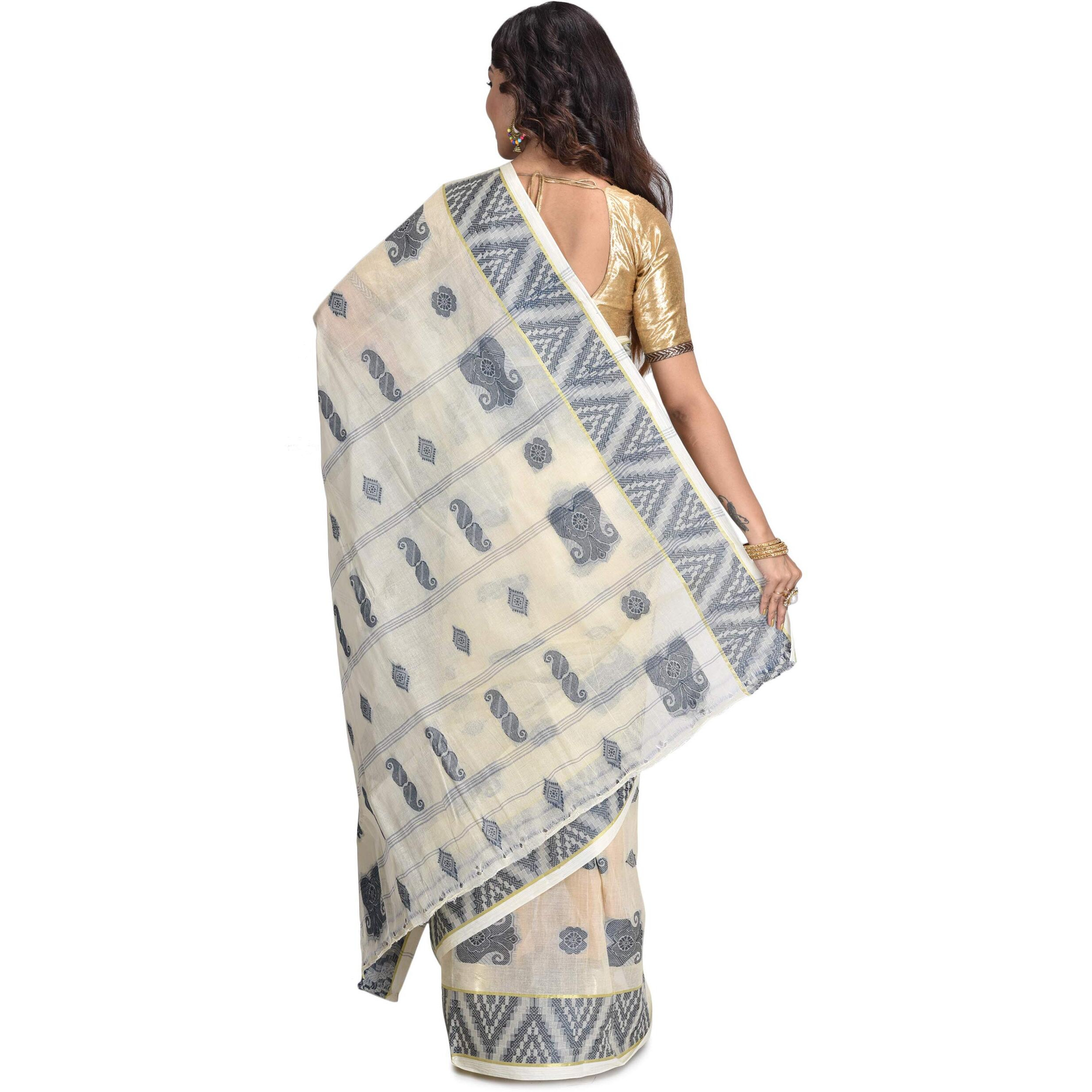 Raj Sarees Womens Woven Cotton Saree with Blouse Piece (Off-White)