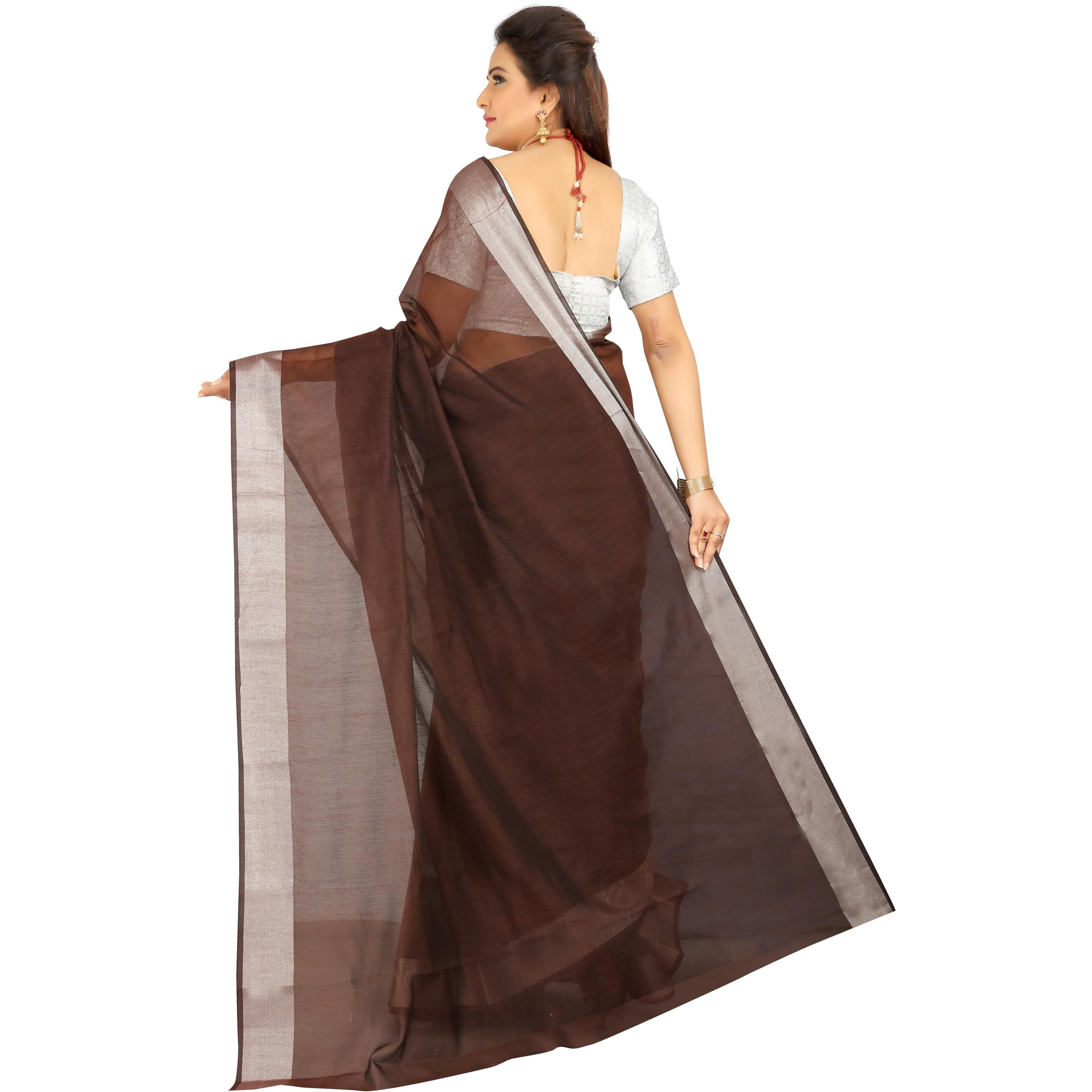 Indian Fashionista Stylish Cotton Silk Casual Wear Saree With Unstitched Blouse For Women (Plainbrown)