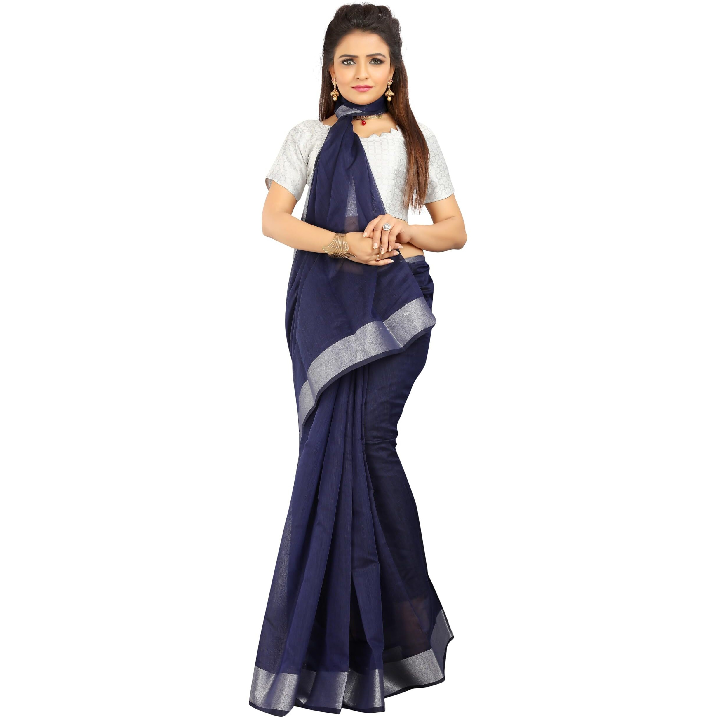 Indian Fashionista Stylish Cotton Silk Casual Wear Saree With Unstitched Blouse For Women (Plainblue)
