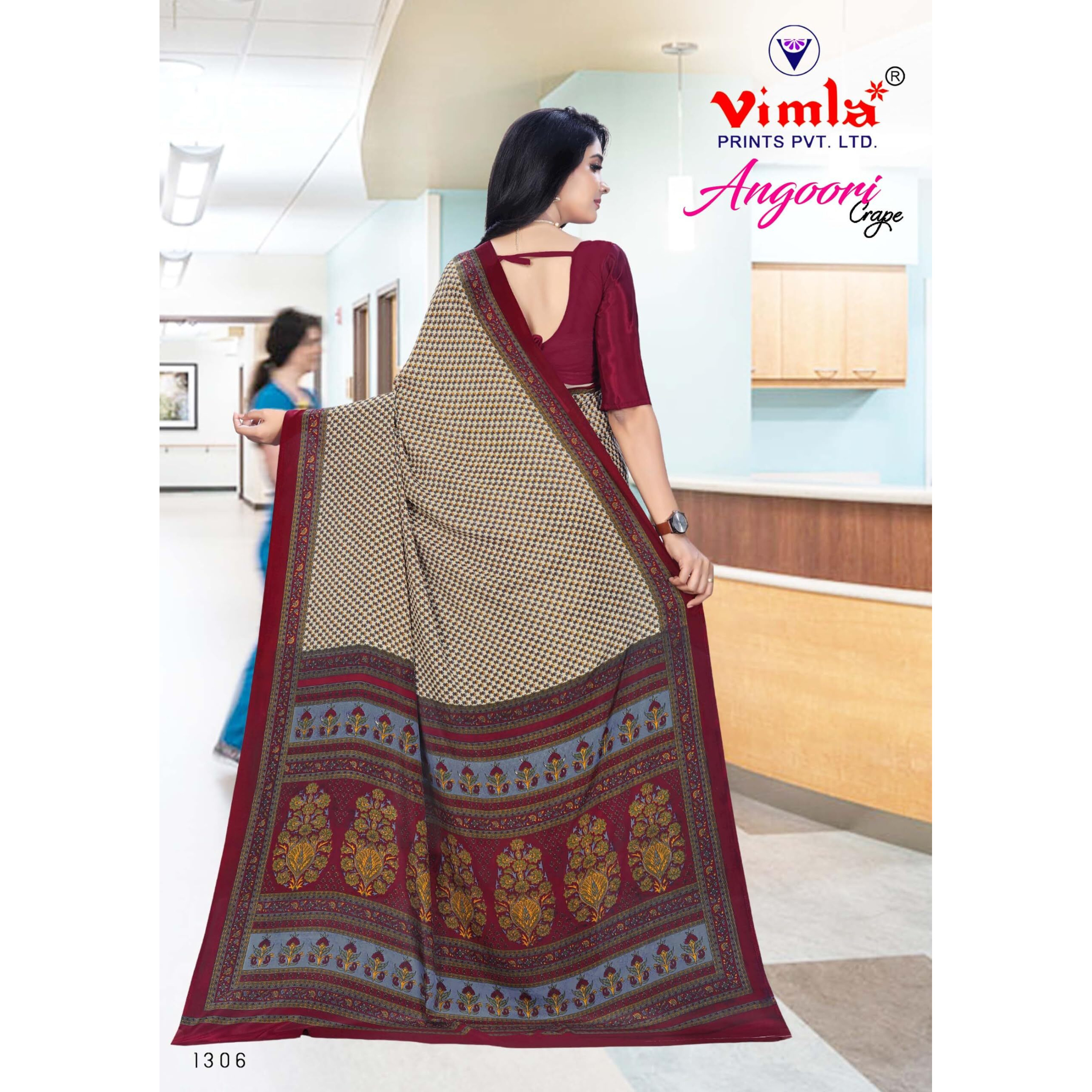 Vimla Womens Beige Crepe Silk Uniform Saree with Blouse (Beige_ 1306_AC)