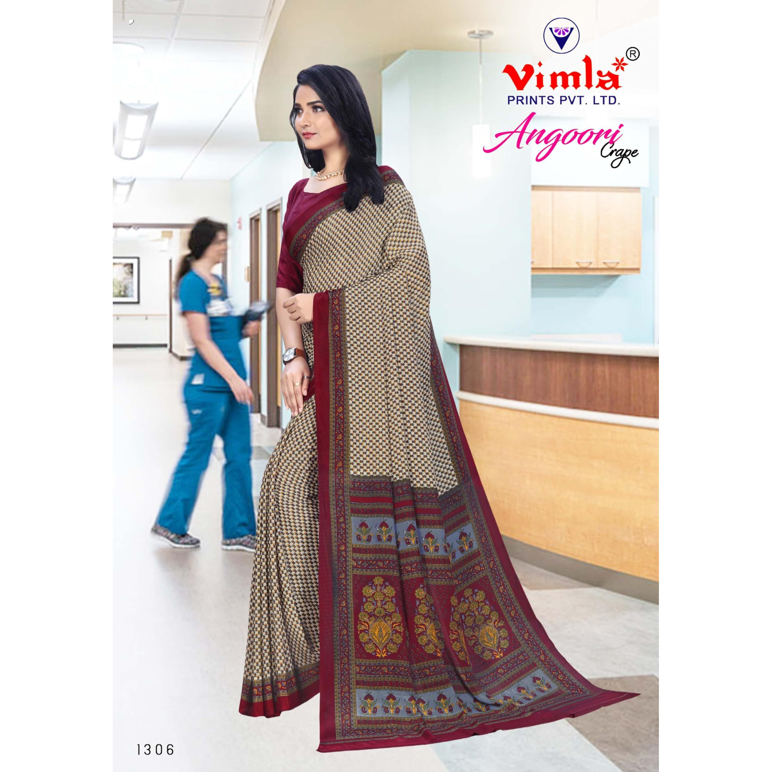 Vimla Womens Beige Crepe Silk Uniform Saree with Blouse (Beige_ 1306_AC)