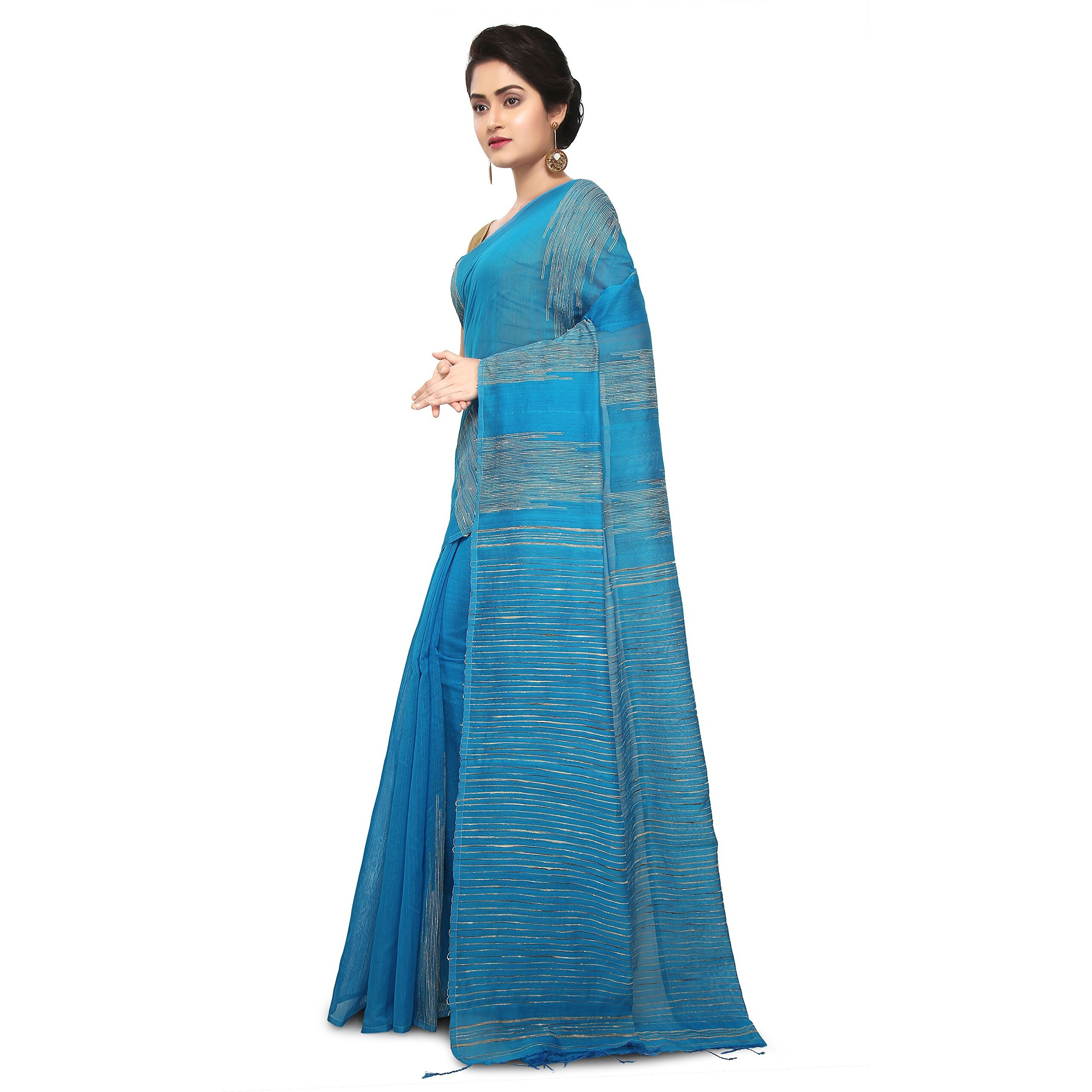 BENGAL HANDLOOM Womens Cotton Silk Sky Color Saree With Attached Blouse Piece