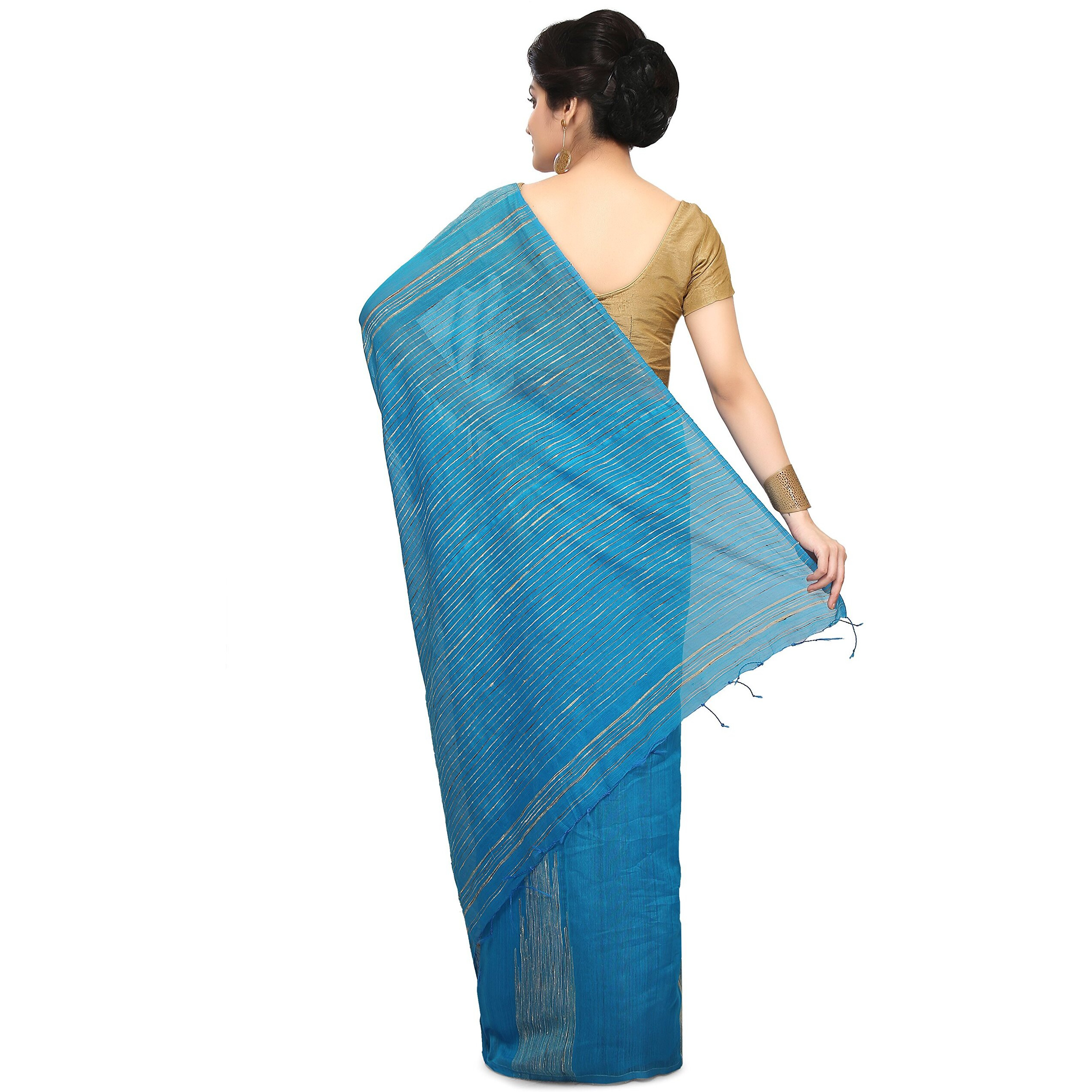 BENGAL HANDLOOM Womens Cotton Silk Sky Color Saree With Attached Blouse Piece