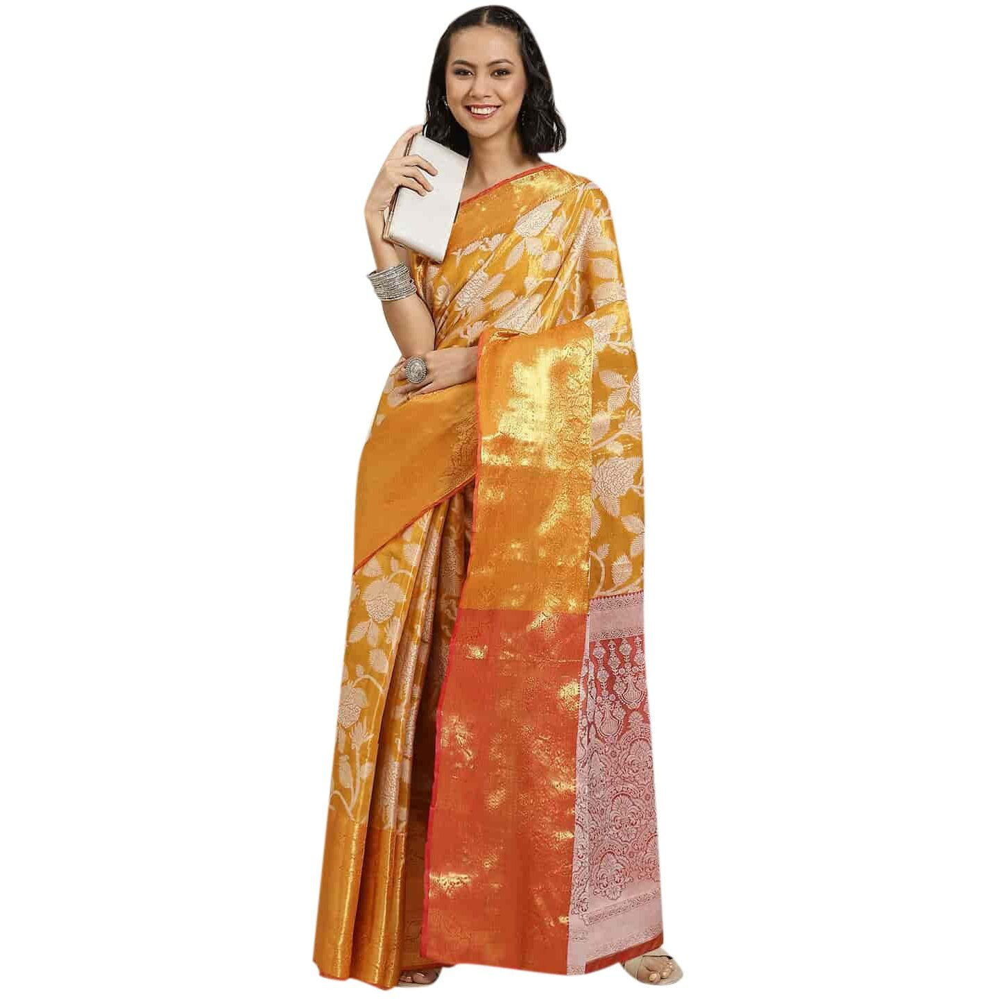 Enthone Womens Soft Brocade Floral Saree With Unstitched blouse Piece(Orange)