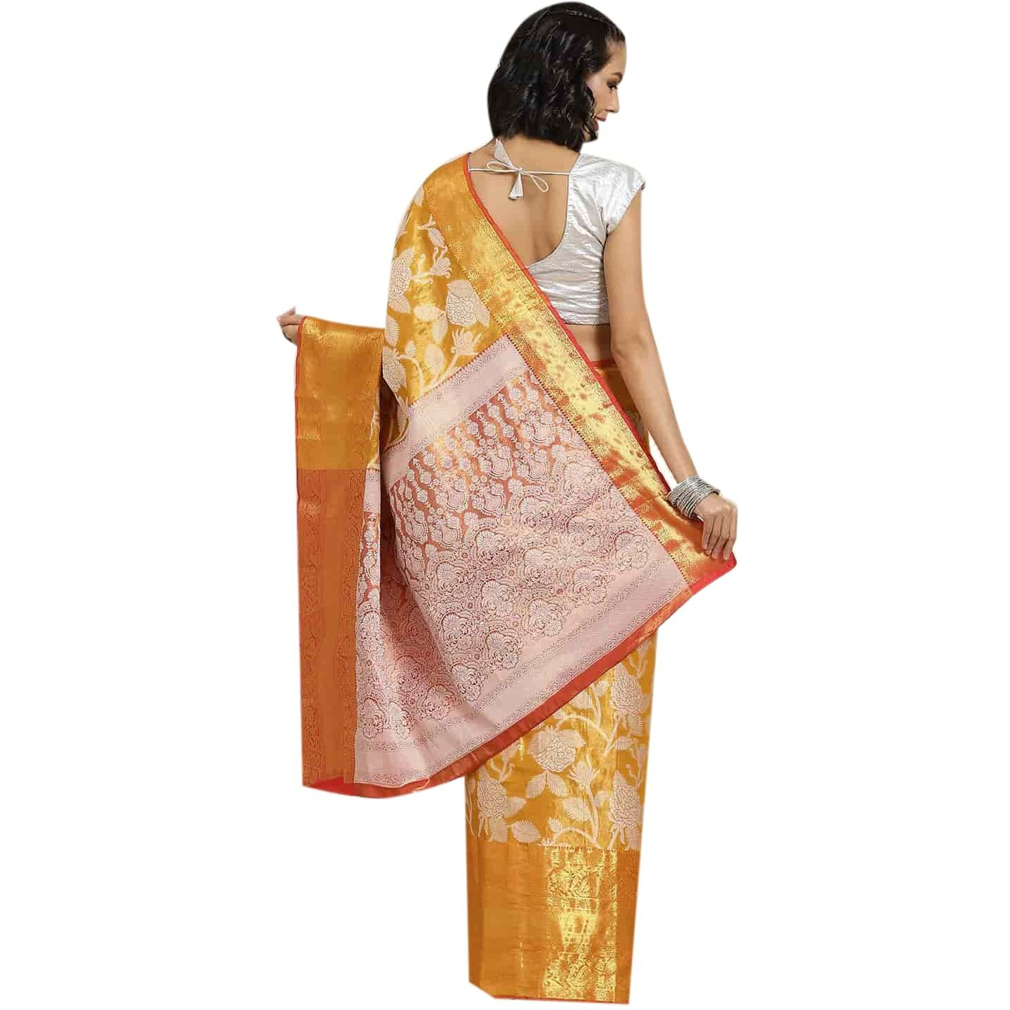 Enthone Womens Soft Brocade Floral Saree With Unstitched blouse Piece(Orange)