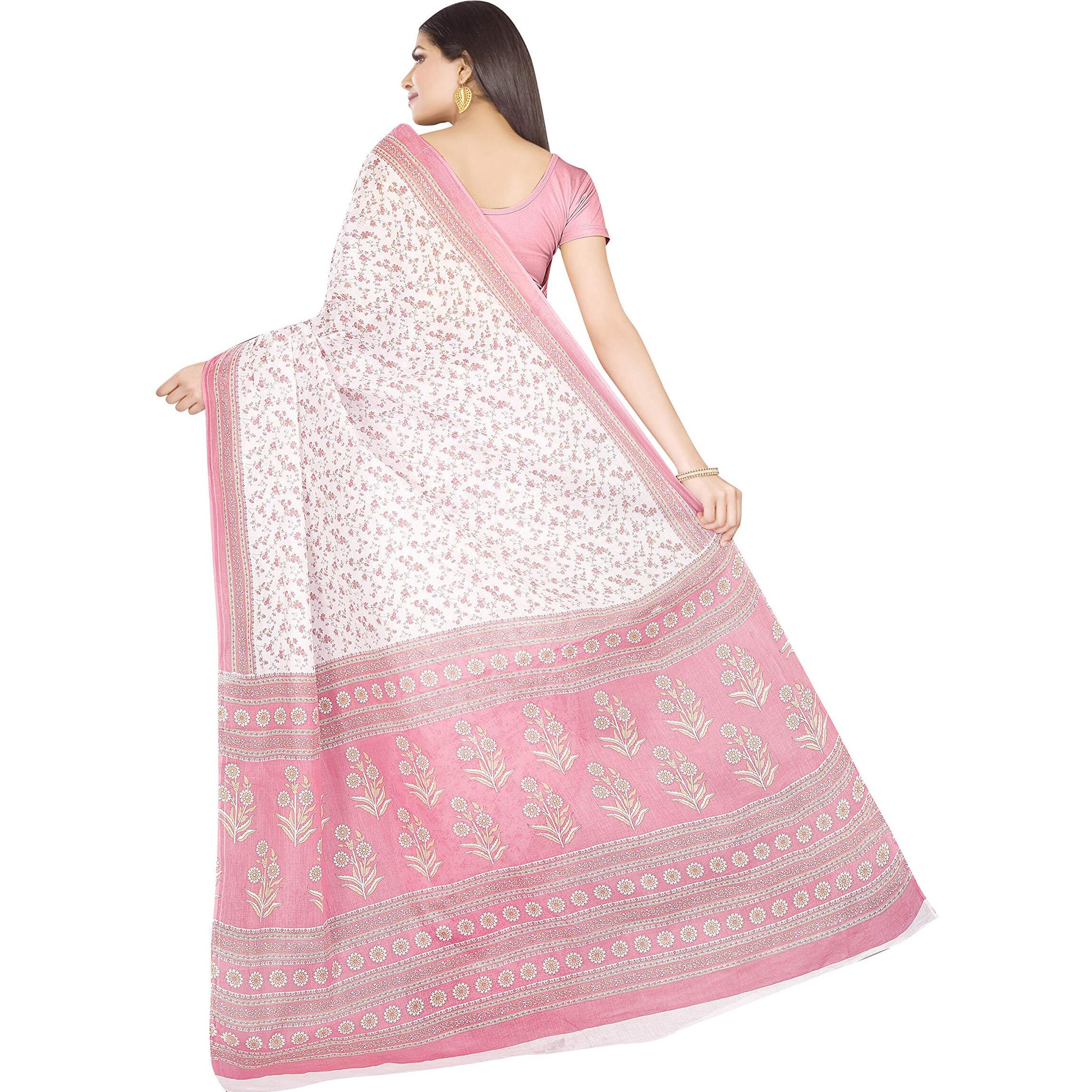 RANI SAAHIBA Womens Pure Cotton Printed Saree Without Blouse Piece (SKR5755_White-Pink)