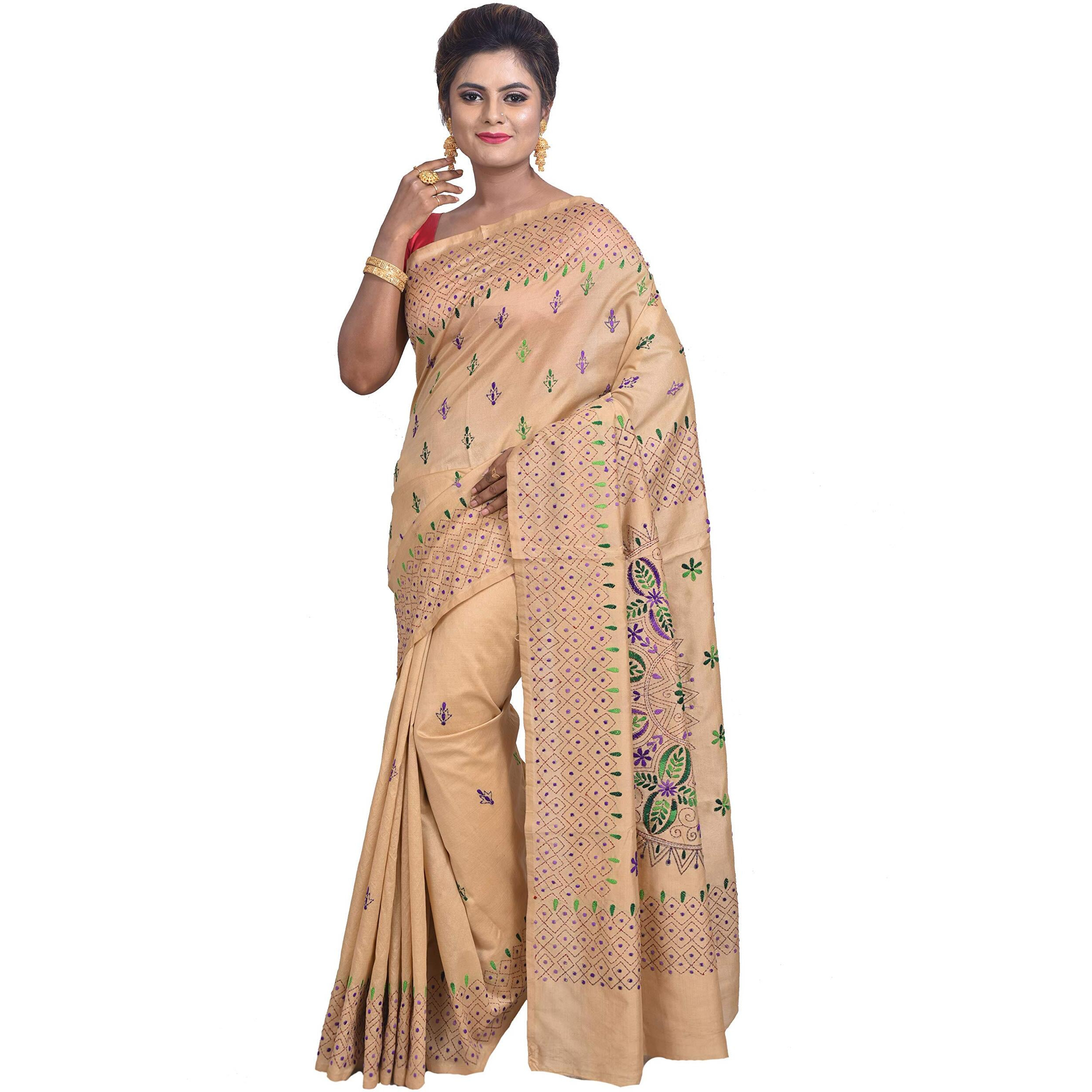 T.J. SAREES Womens Pure Kantha Stitch hand embroidery assam Silk Saree of Bengal With Blouse Pcs - Beige (Pack of 1)