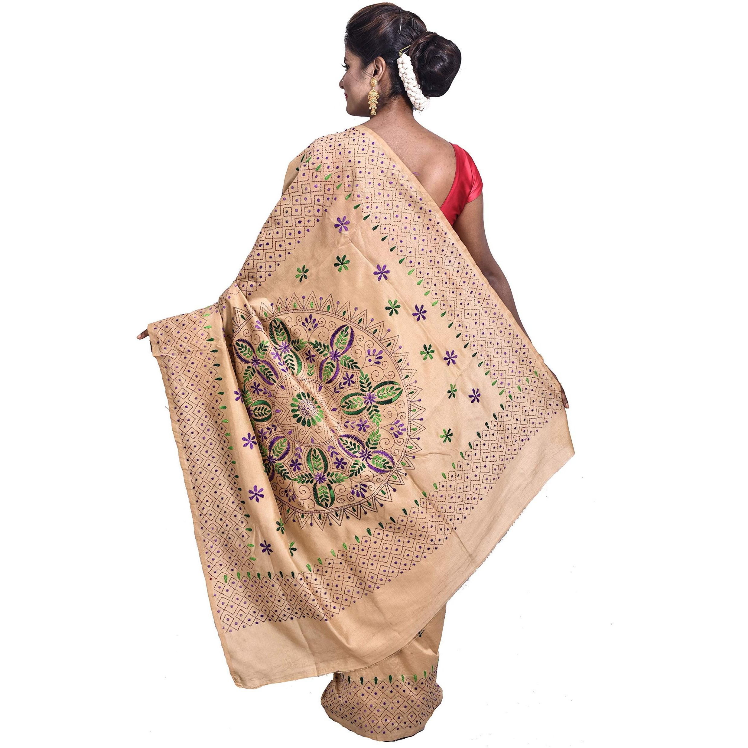 T.J. SAREES Womens Pure Kantha Stitch hand embroidery assam Silk Saree of Bengal With Blouse Pcs - Beige (Pack of 1)