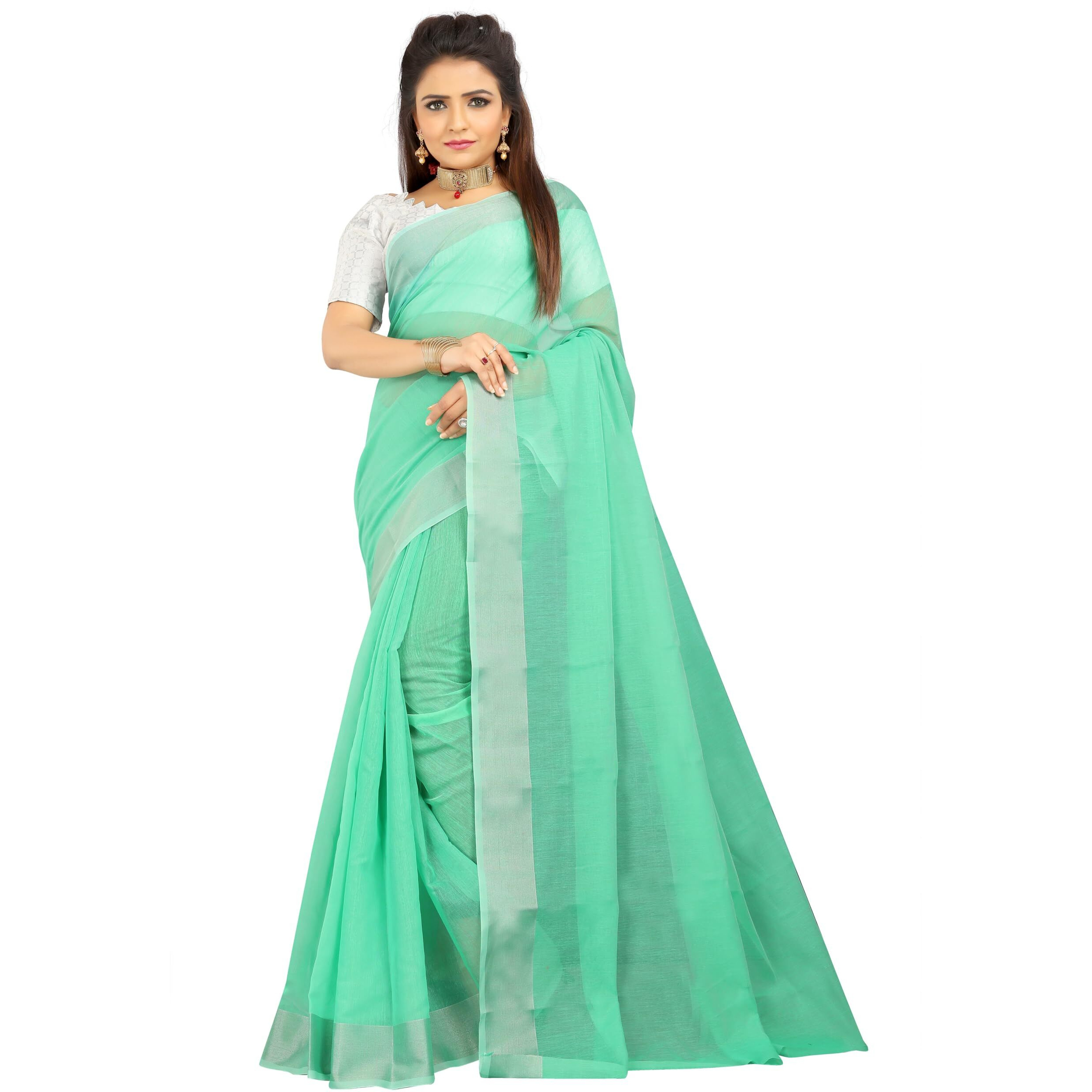 Indian Fashionista Stylish Cotton Silk Casual Wear Saree With Unstitched Blouse For Women (Plaingreen)